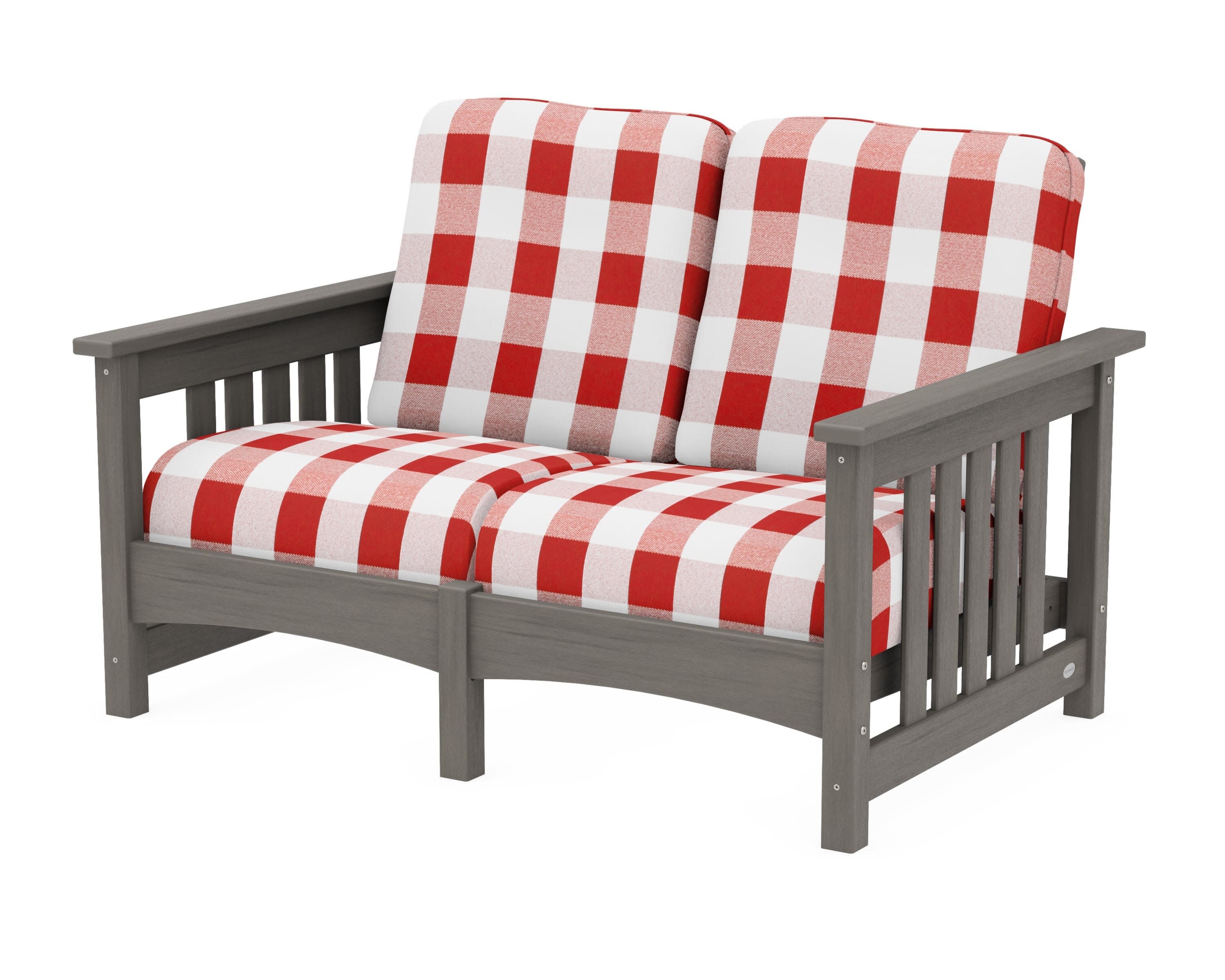 Club Mission Loveseat in Driftwood / Buffalo Plaid Crimson