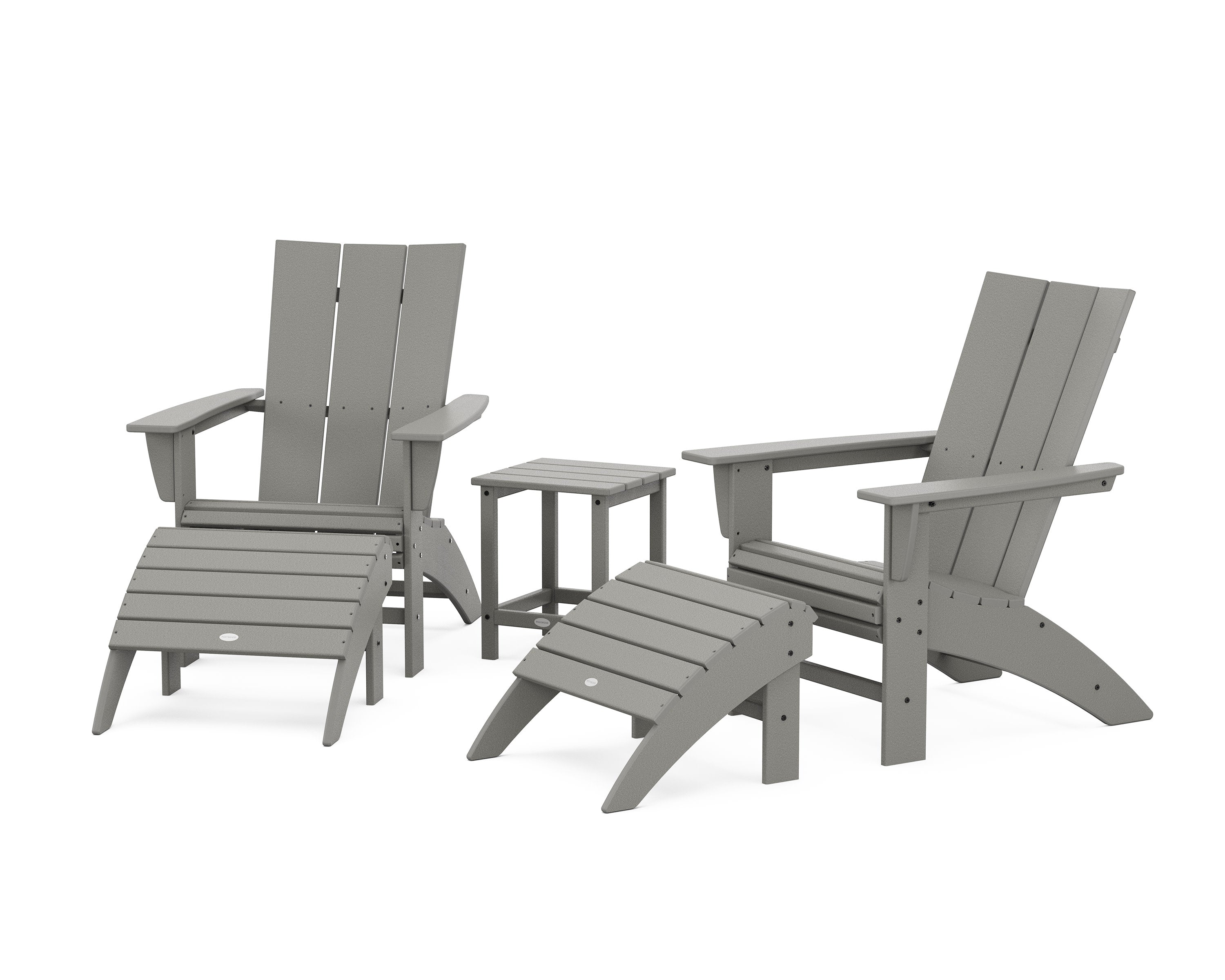 Modern Curveback Adirondack Chair 5-Piece Set with Ottomans and 18" Side Table in Slate Grey