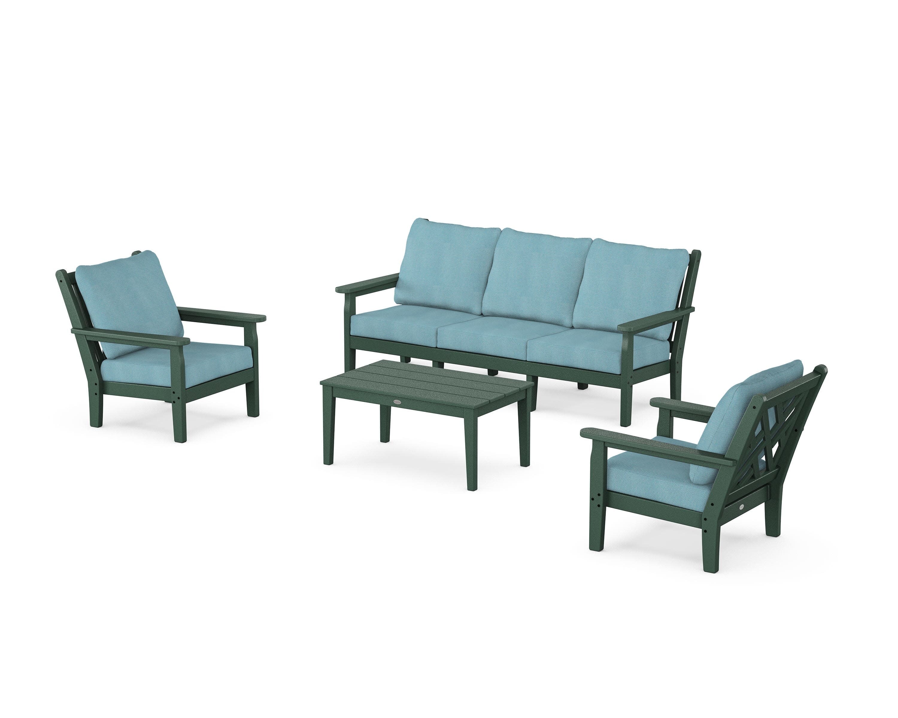 Chippendale 4-Piece Deep Seating Set with Sofa in Green / Lattice Sky Blue