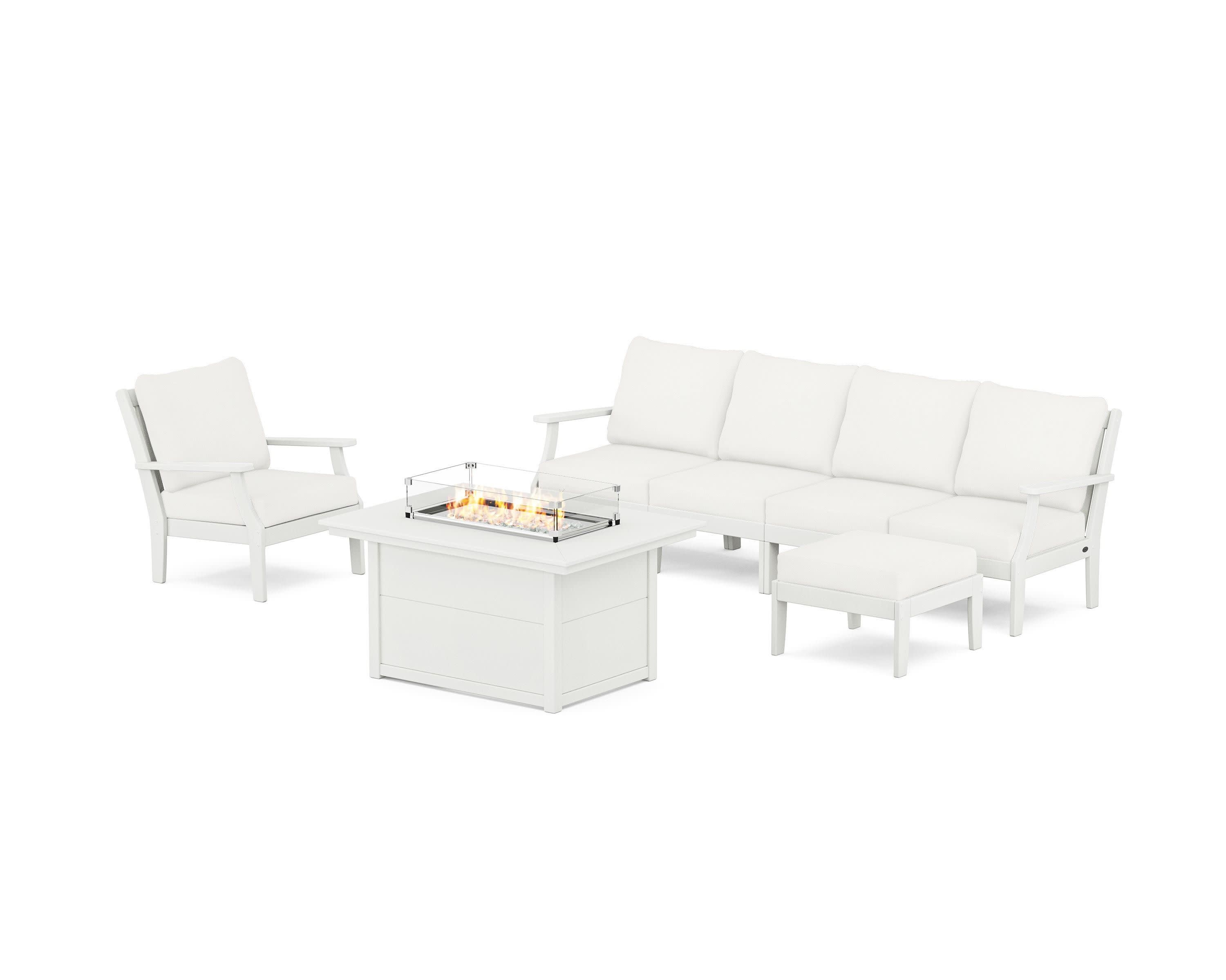 Braxton Sectional Lounge and Fire Pit Set in Vintage White / Natural Linen