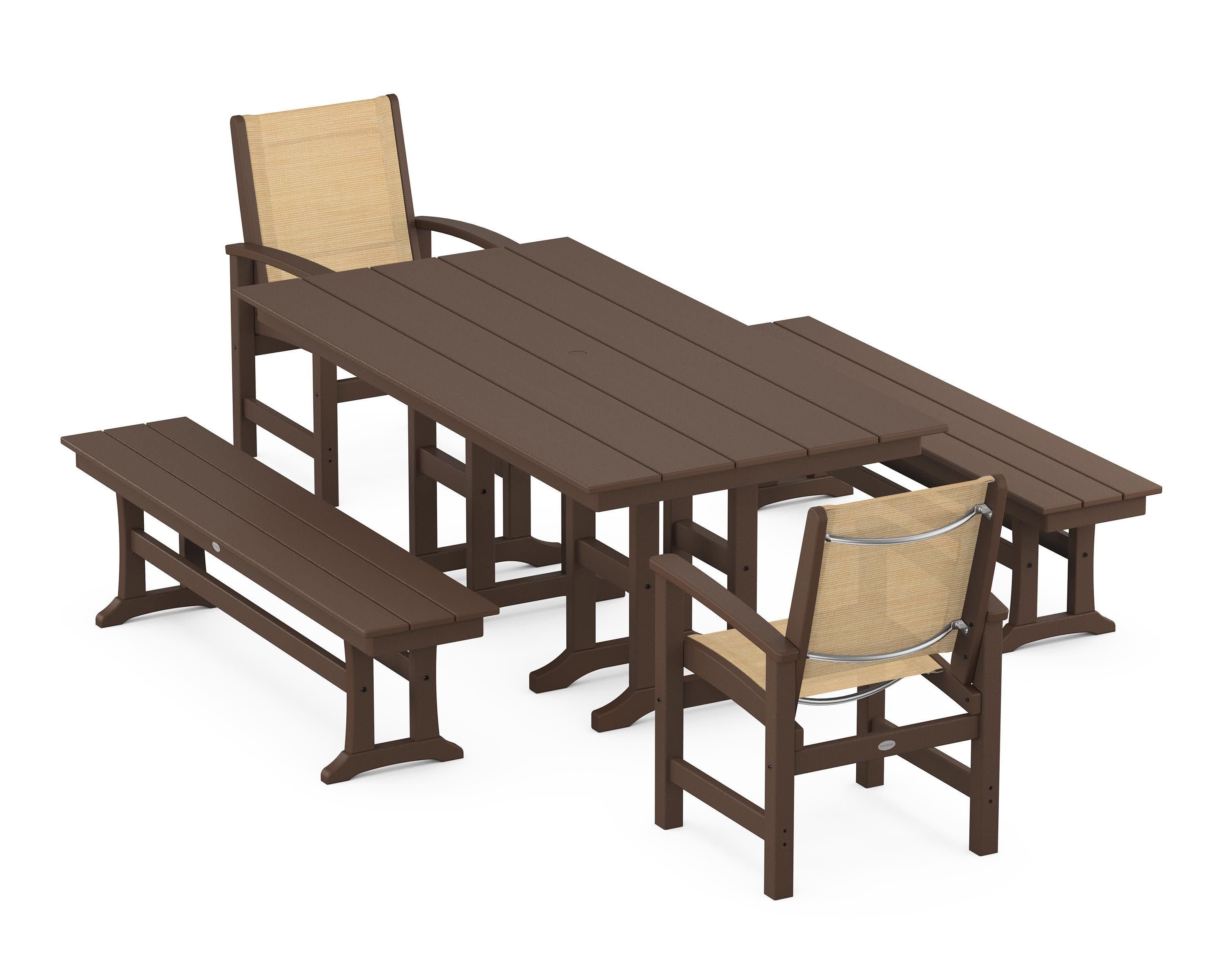 Coastal 5-Piece Farmhouse Dining Set in Mahogany / Dupioni Apricot Sling