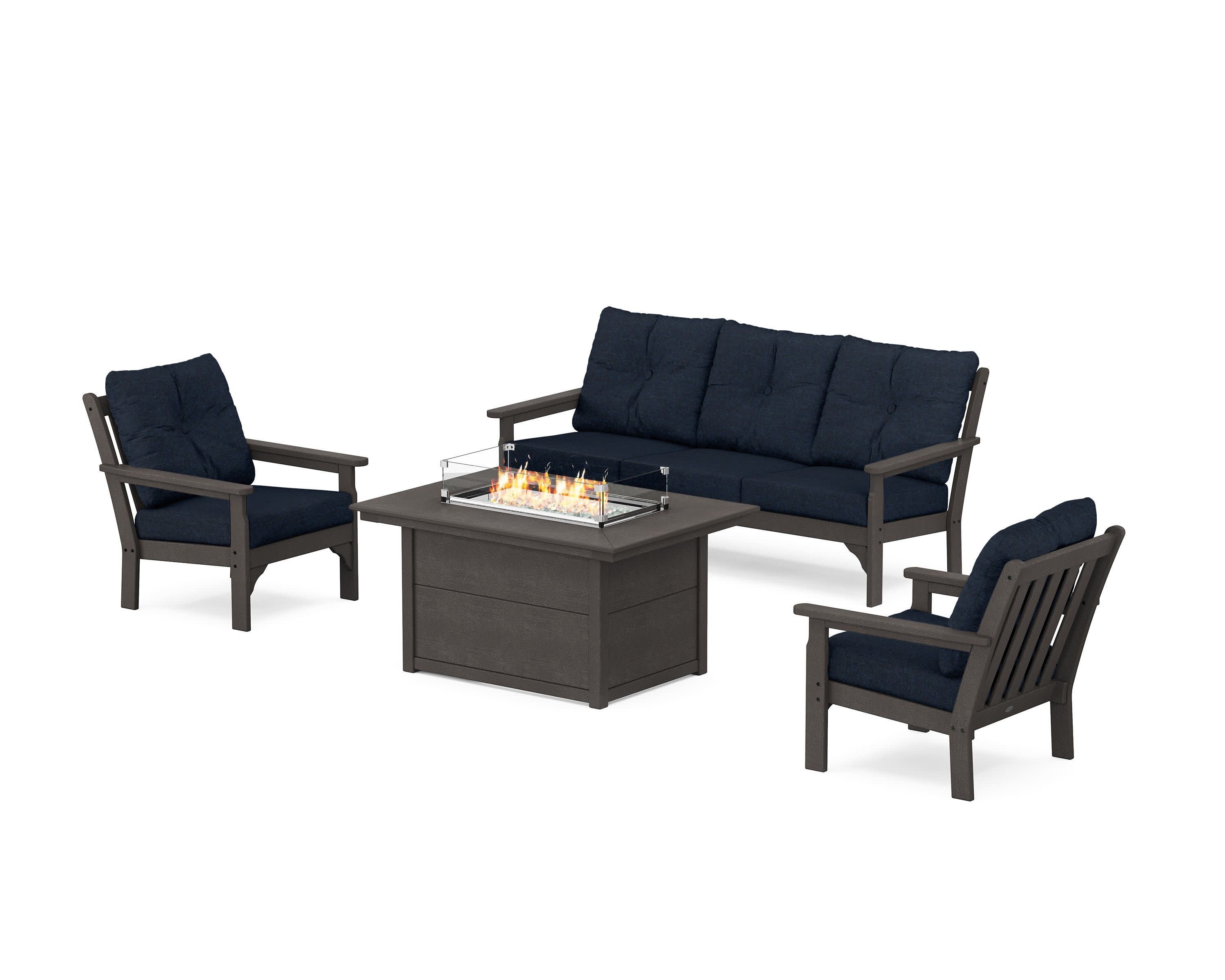 Vineyard Deep Seating Fire Pit Table Set in Vintage Coffee / Marine Indigo