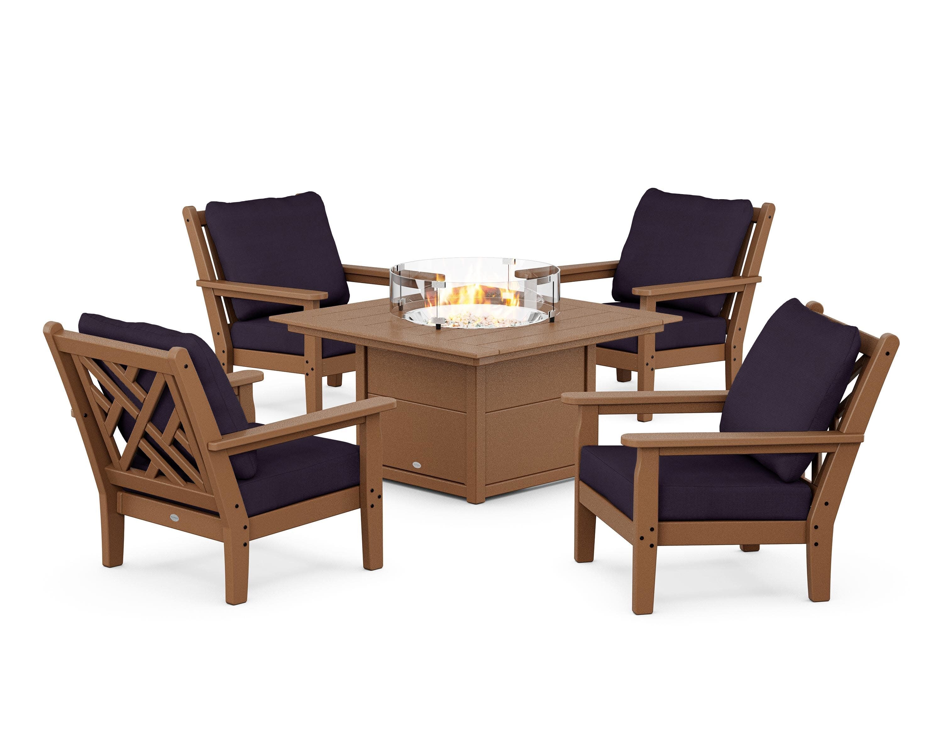 Chippendale 5-Piece Deep Seating Set with Fire Pit Table in Teak / Navy Linen