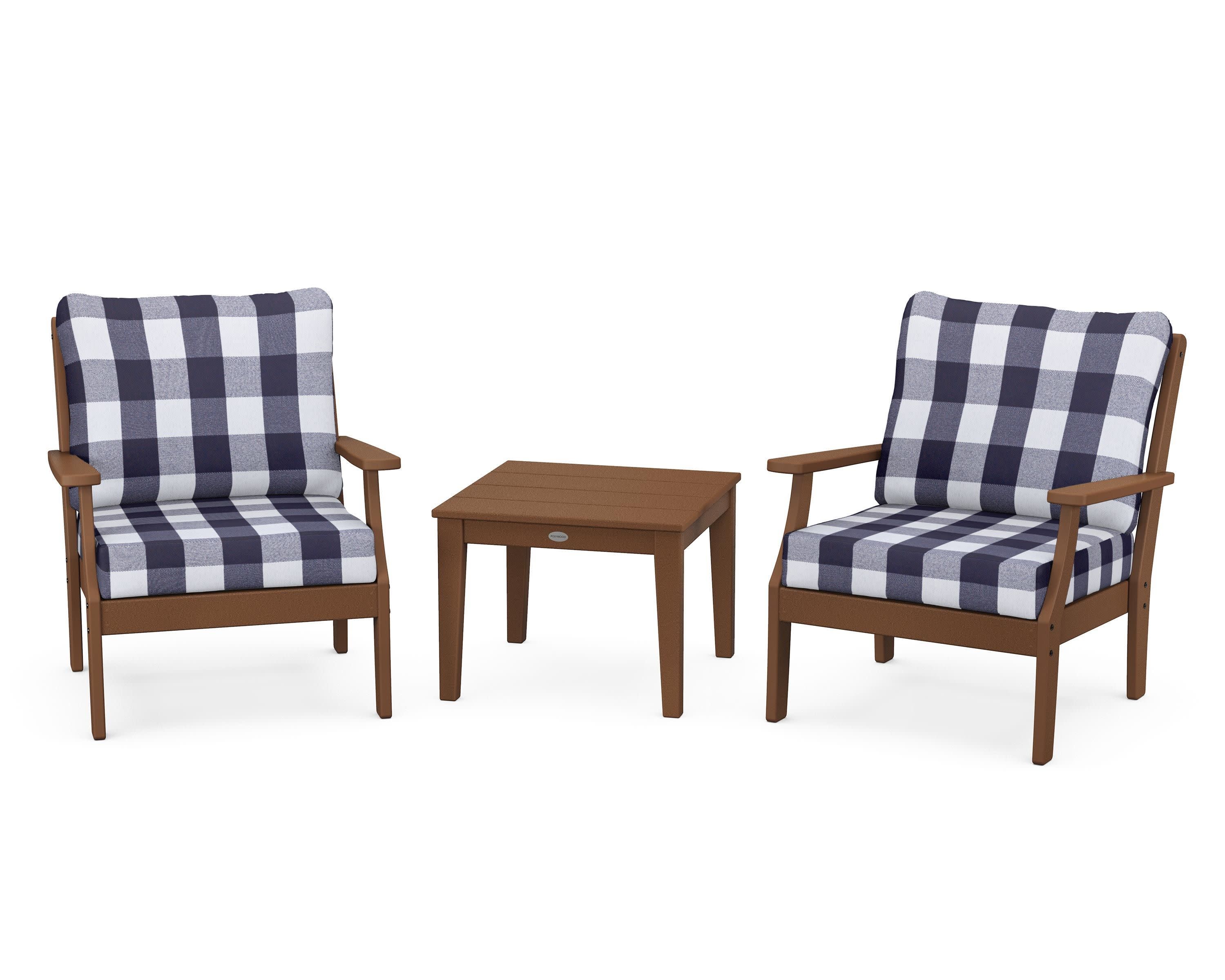 Braxton 3-Piece Deep Seating Set in Teak / Buffalo Plaid Navy