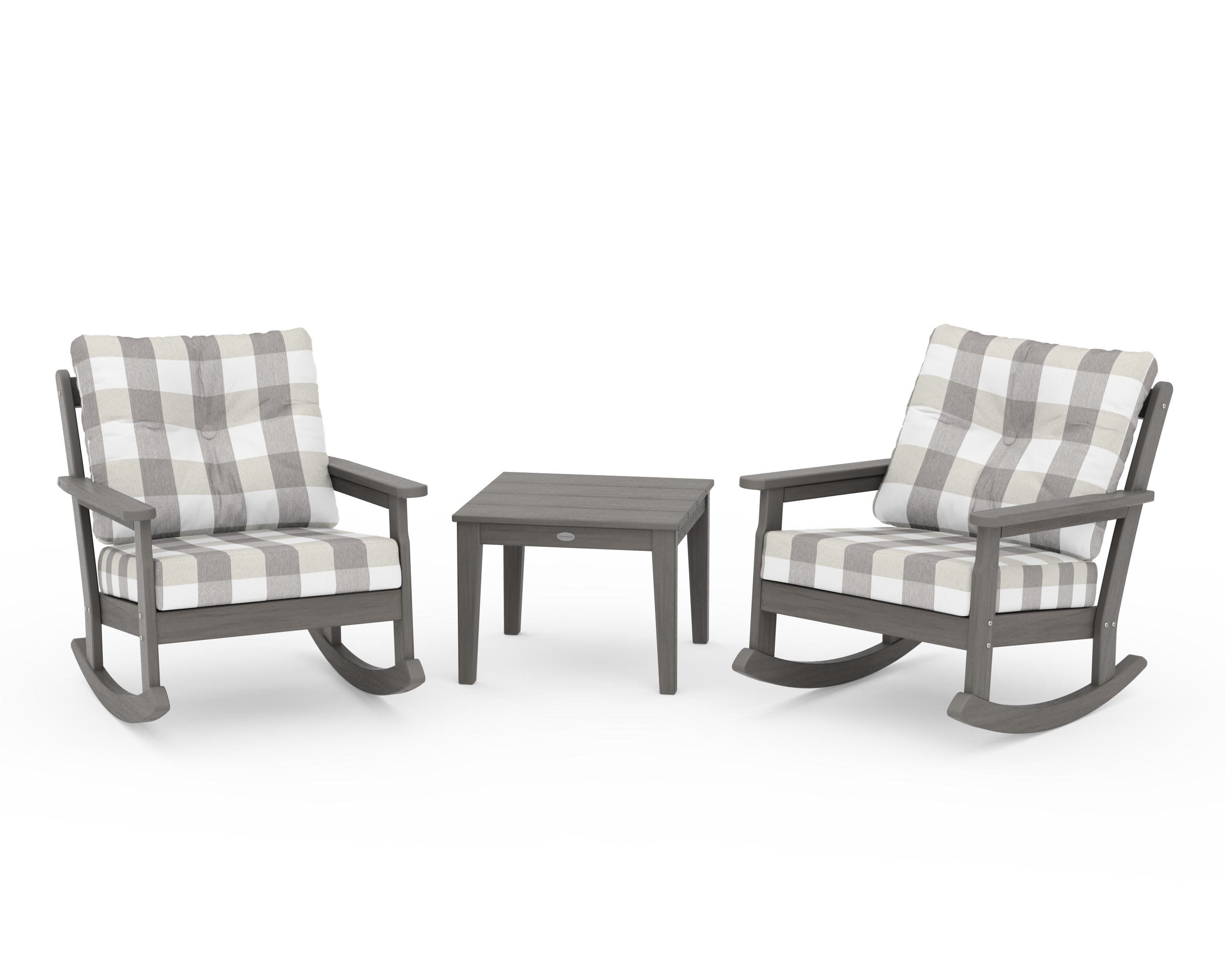 Vineyard 3-Piece Deep Seating Rocker Set in Driftwood / Buffalo Plaid Grey Mist