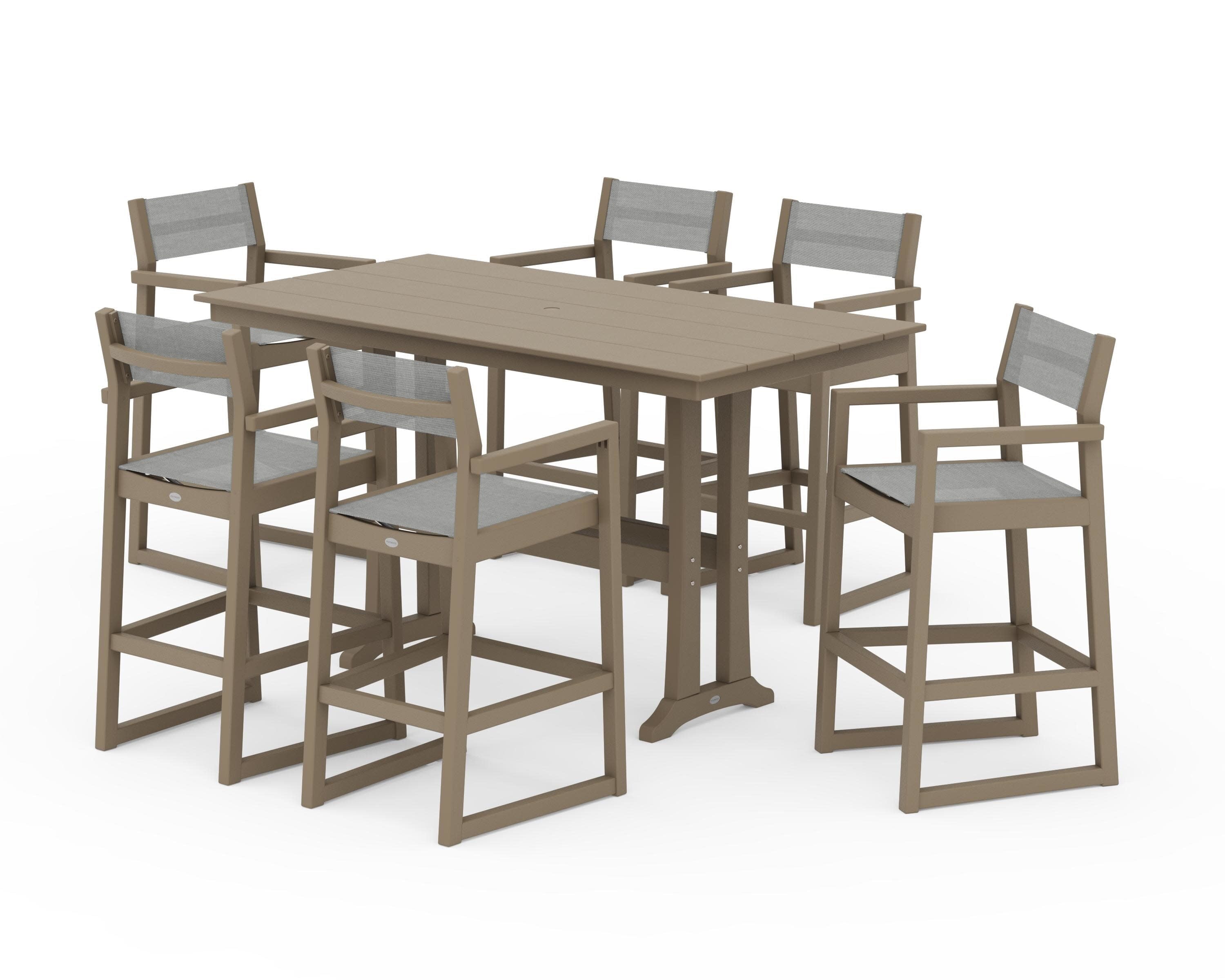 EDGE Sling Arm Chair 7-Piece Farmhouse Bar Set with Trestle Legs in Vintage Sahara / Metallic Sling