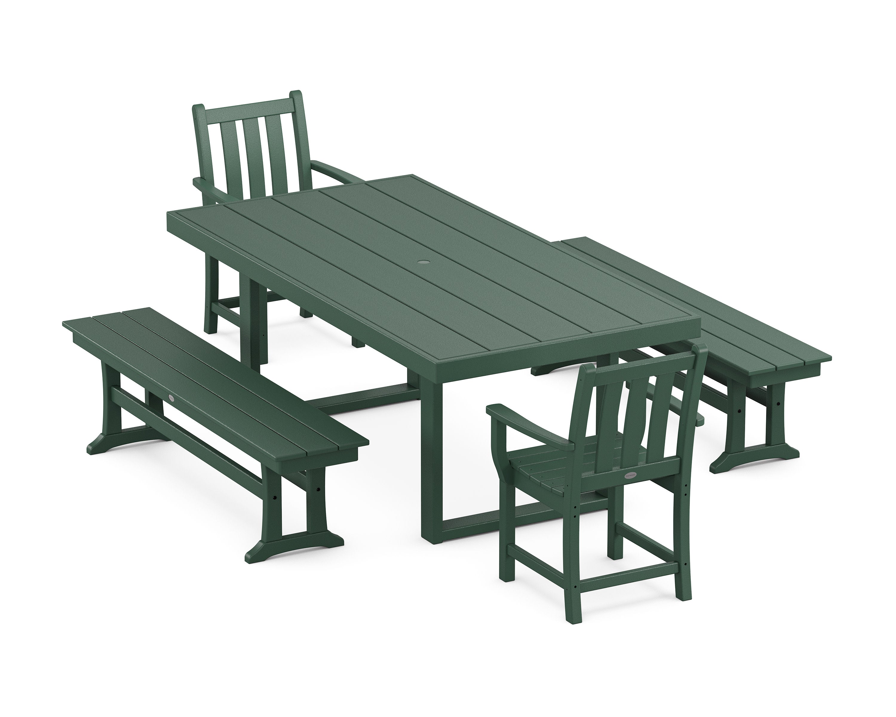 Traditional Garden 5-Piece Dining Set with Benches in Green