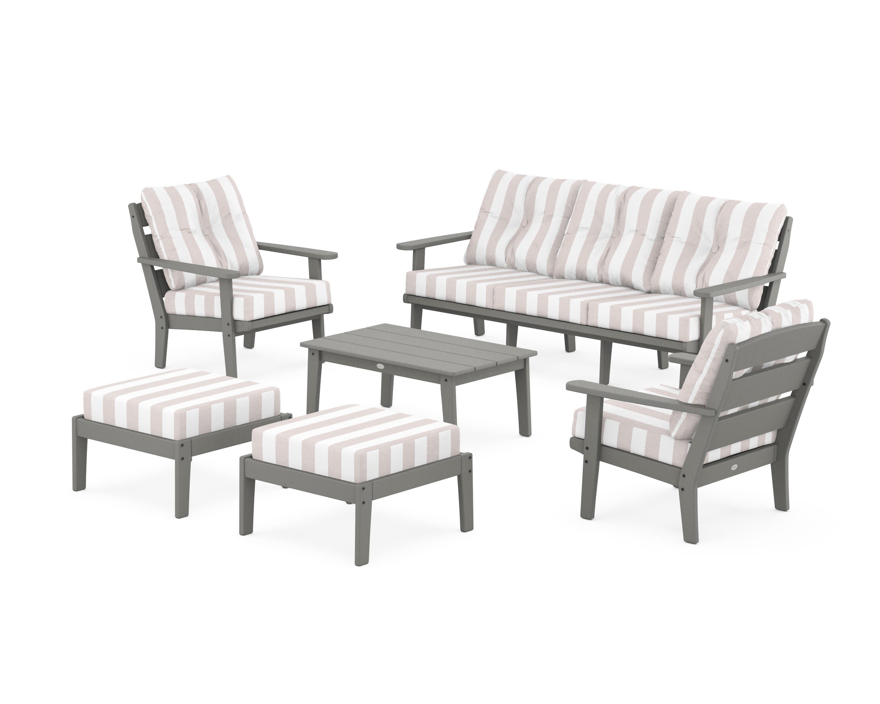 Lakeside 6-Piece Lounge Sofa Set in Slate Grey / Cabana Stripe Dune Burlap