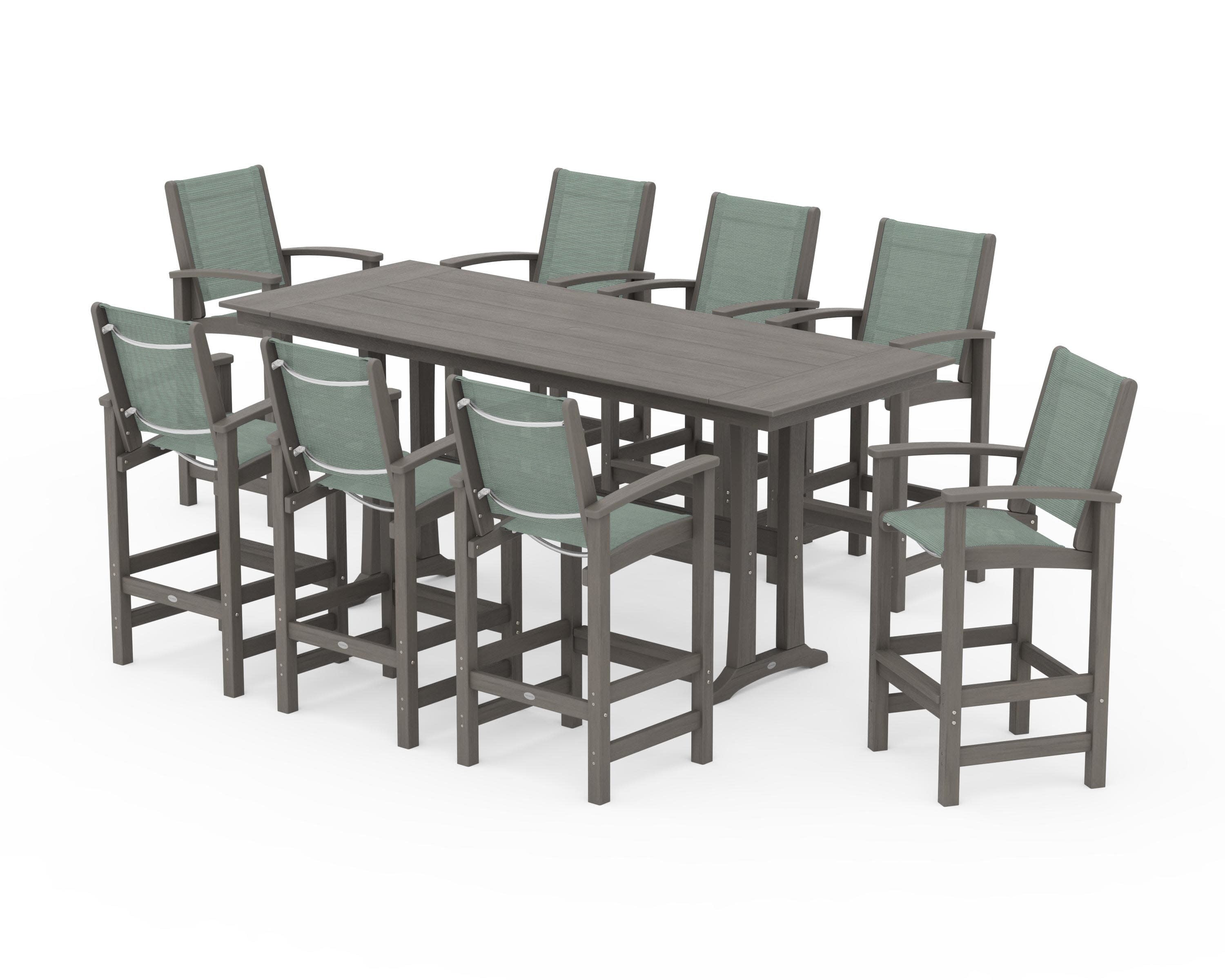 Coastal 9-Piece Farmhouse Bar Set with Trestle Legs in Driftwood / Dupioni Sea Mist Sling