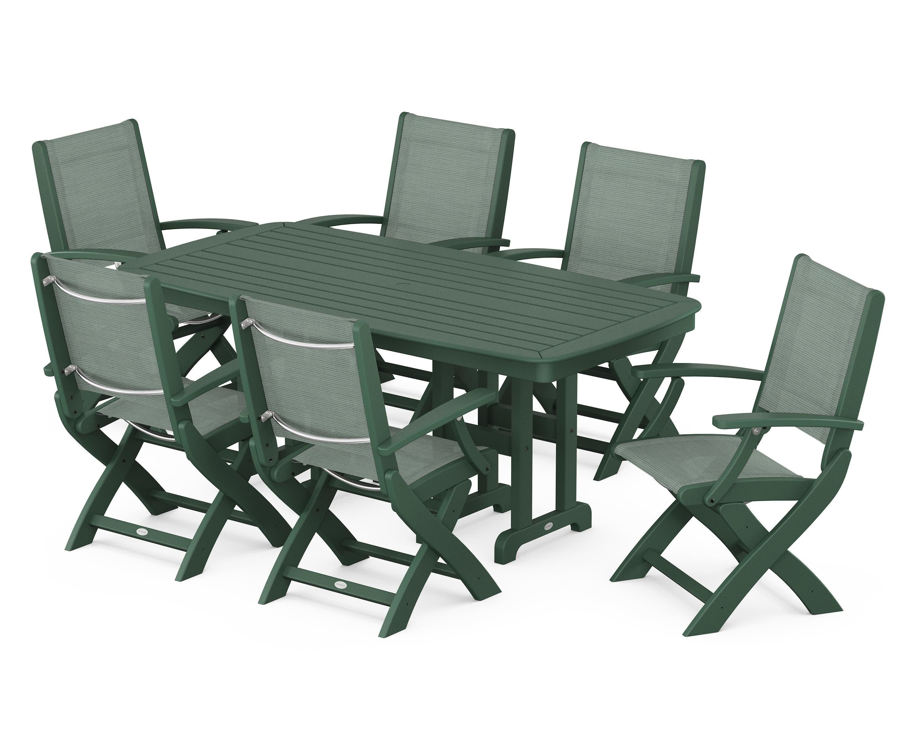 Coastal Folding Arm Chair 7-Piece Dining Set in Green / Dupioni Sea Mist Sling