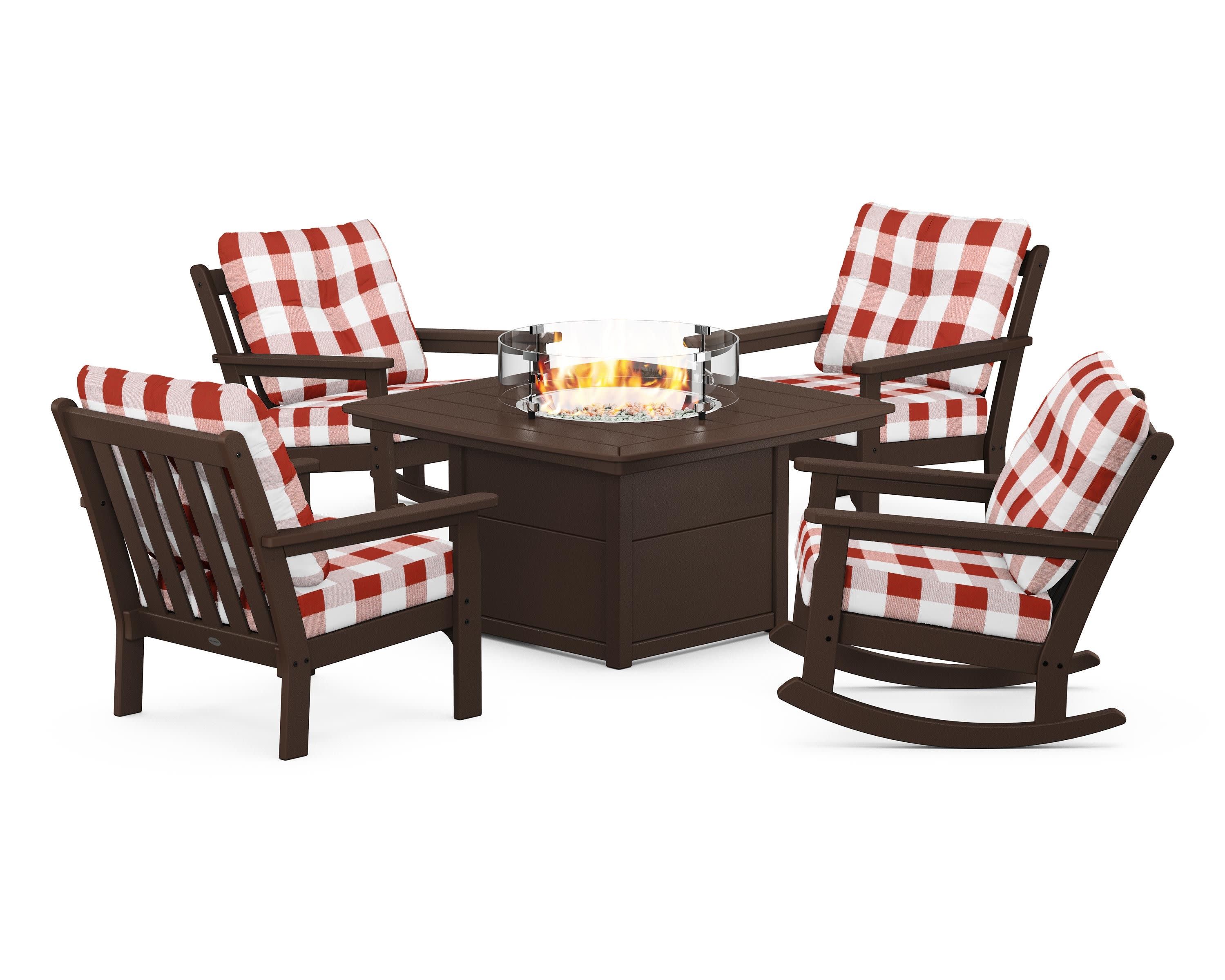 Vineyard 5-Piece Deep Seating Rocking Chair Conversation Set with Fire Pit Table in Mahogany / Buffalo Plaid Crimson