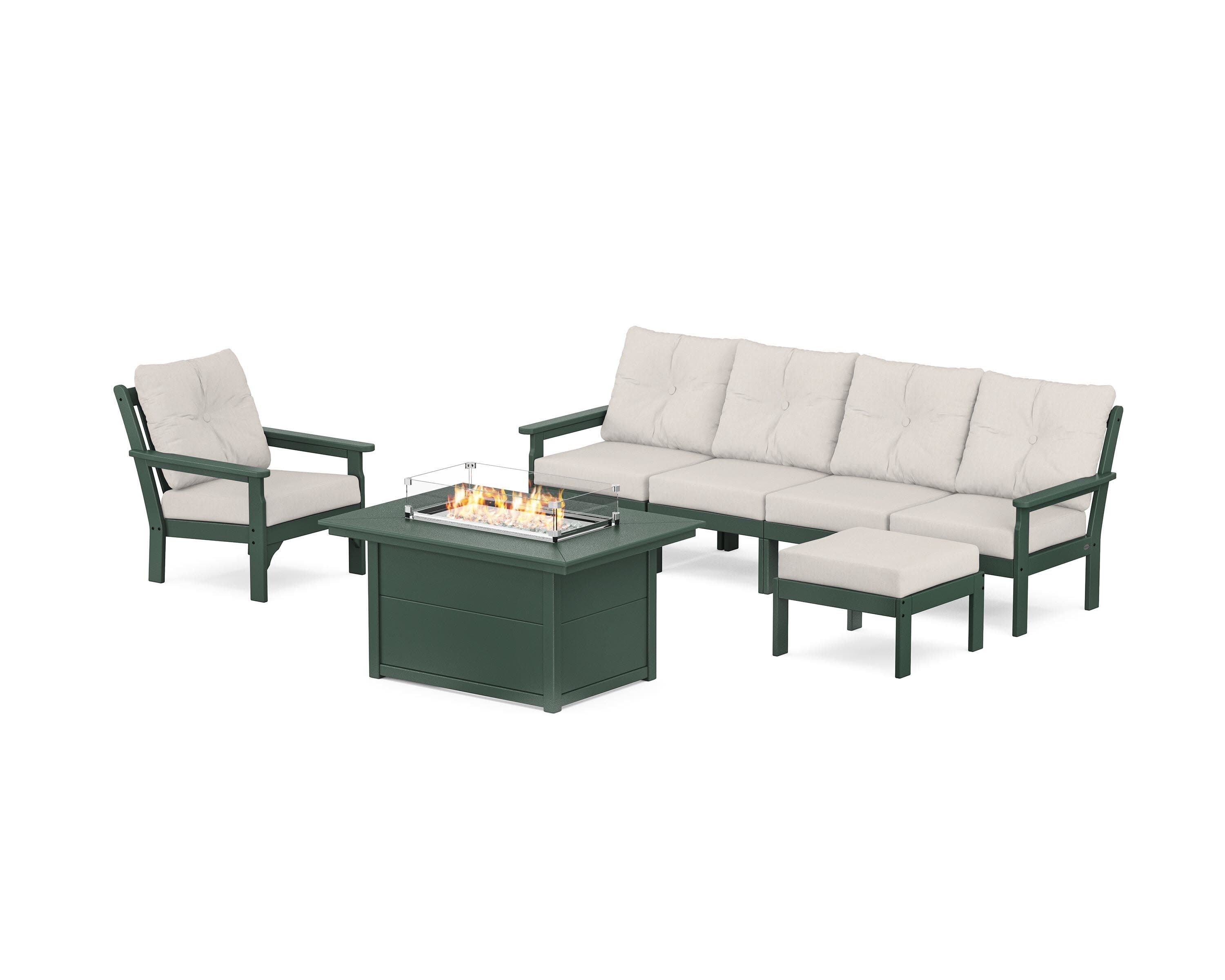 Vineyard Sectional Lounge and Fire Pit Set in Green / Cast Ash