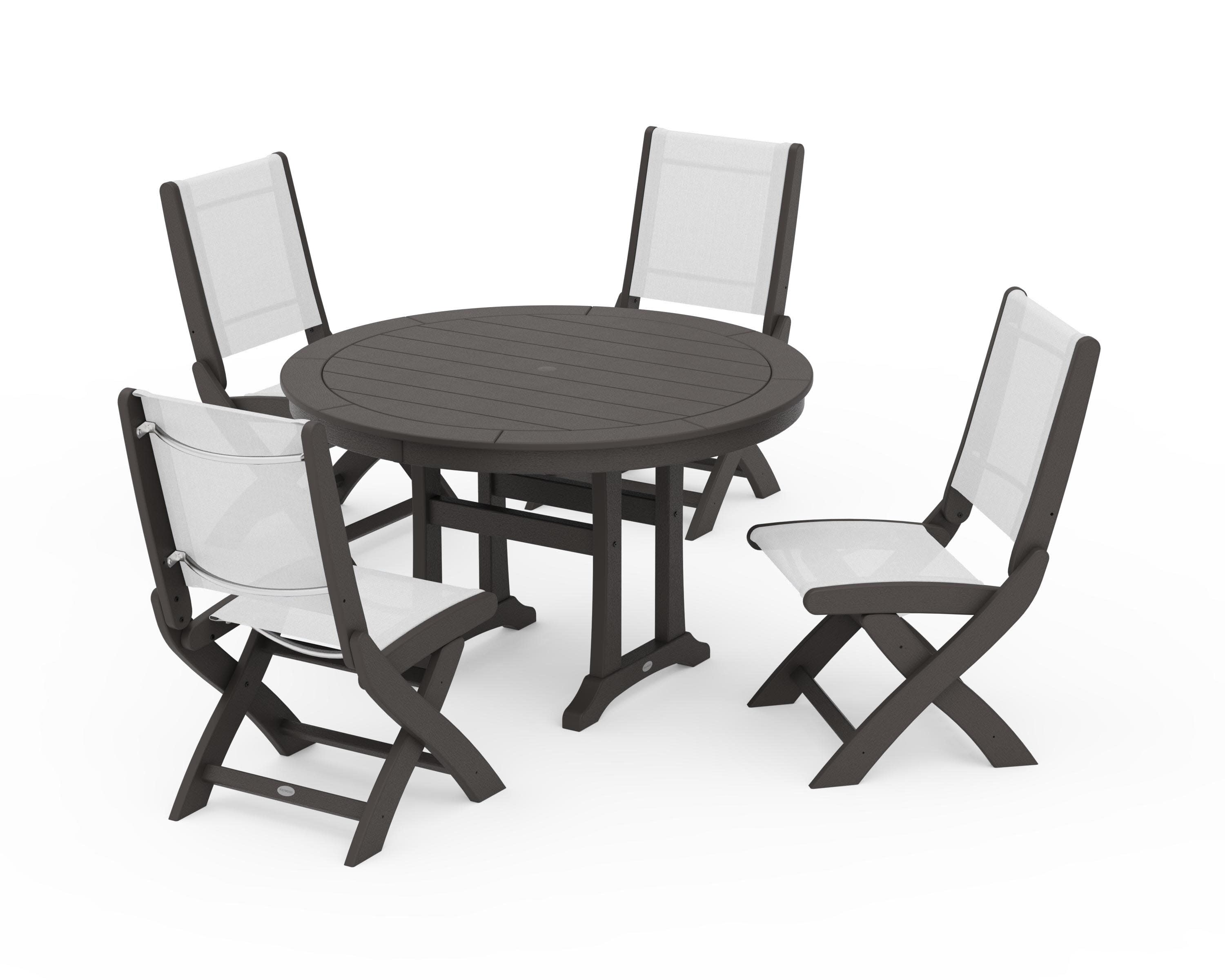 Coastal Folding Side Chair 5-Piece Round Dining Set With Trestle Legs in Vintage Coffee / White Sling