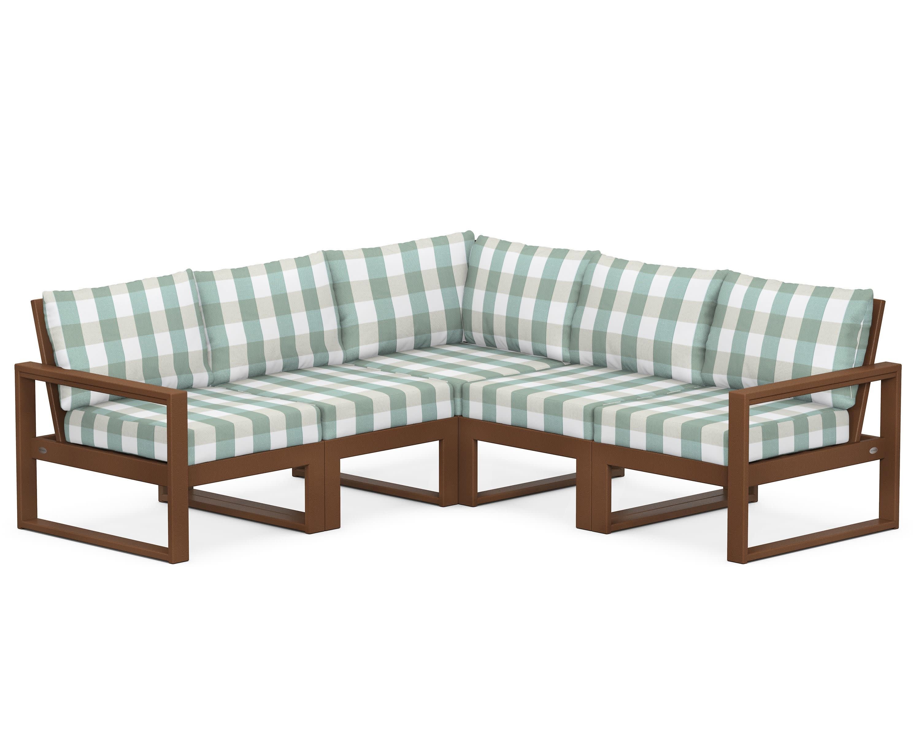 EDGE 5-Piece Modular Deep Seating Set in Teak / Buffalo Plaid Glacier Spa