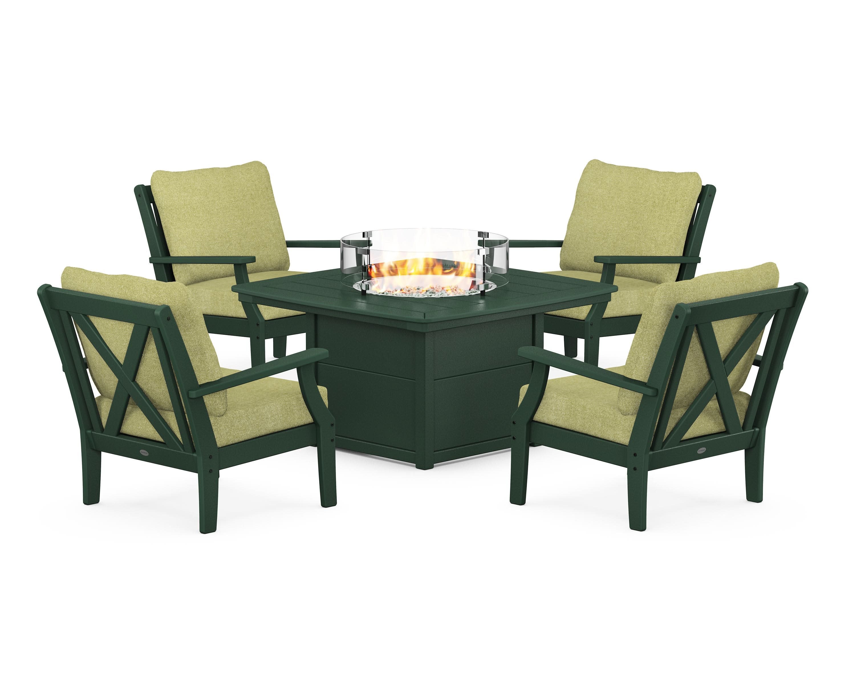 Braxton 5-Piece Deep Seating Conversation Set with Fire Pit Table in Green / Chartreuse Boucle