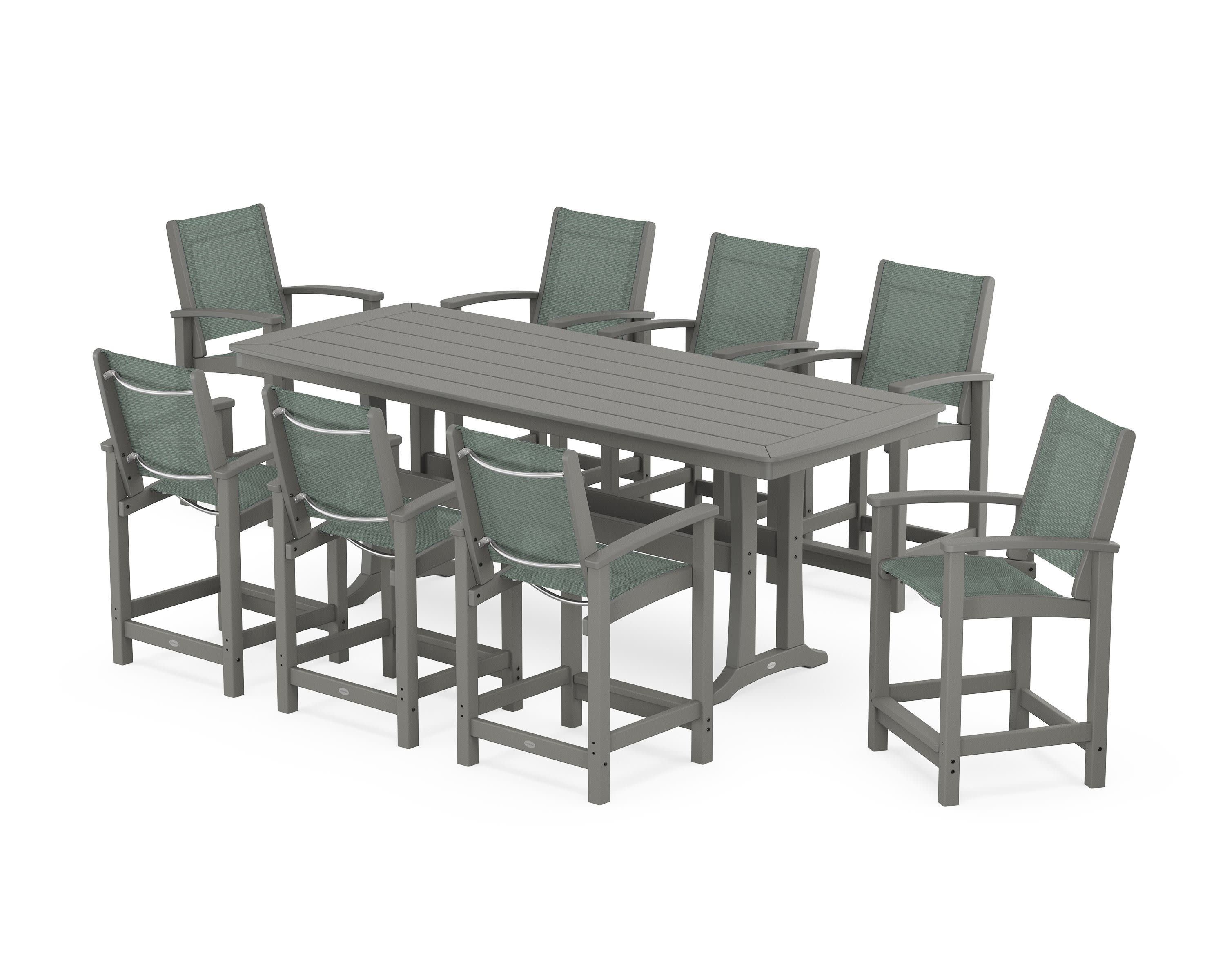 Coastal 9-Piece Counter Set with Trestle Legs in Slate Grey / Dupioni Sea Mist Sling