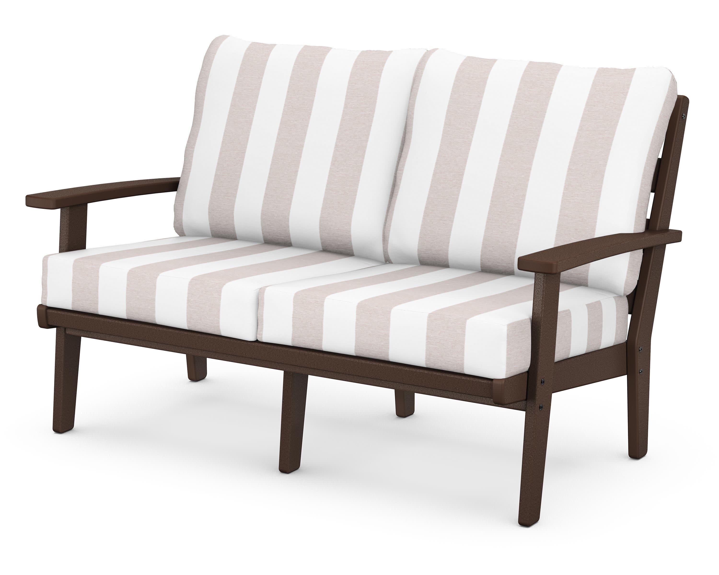 Grant Park Deep Seating Loveseat in Mahogany / Cabana Stripe Dune Burlap