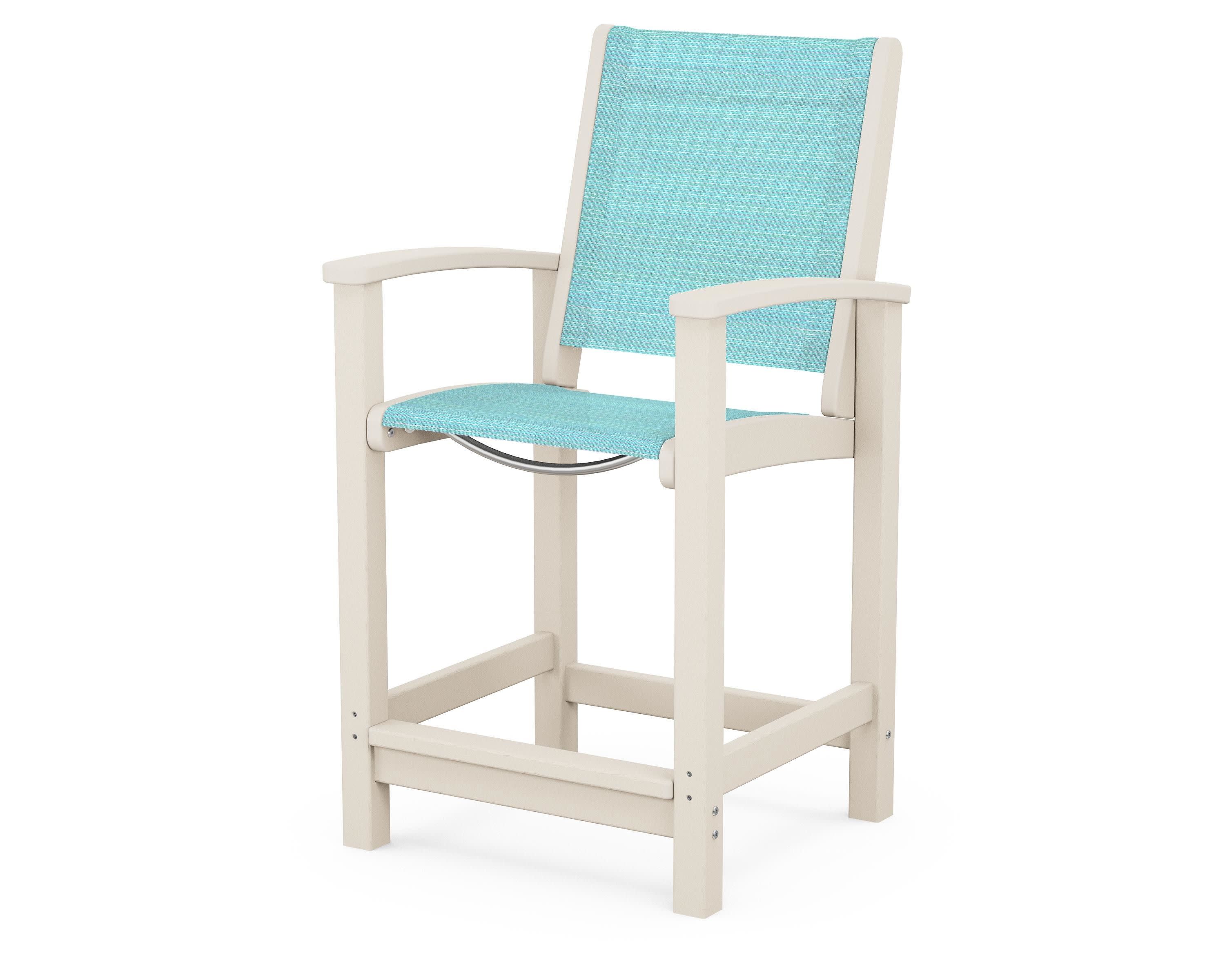 Coastal Counter Chair in Sand / Dupioni Aquamarine Sling