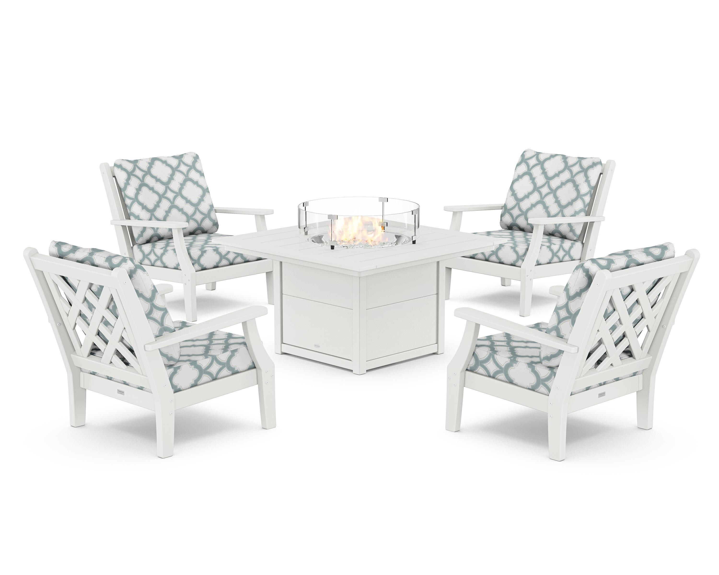 Wovendale 5-Piece Deep Seating Set with Fire Pit Table in White / Trellis Glacier Spa