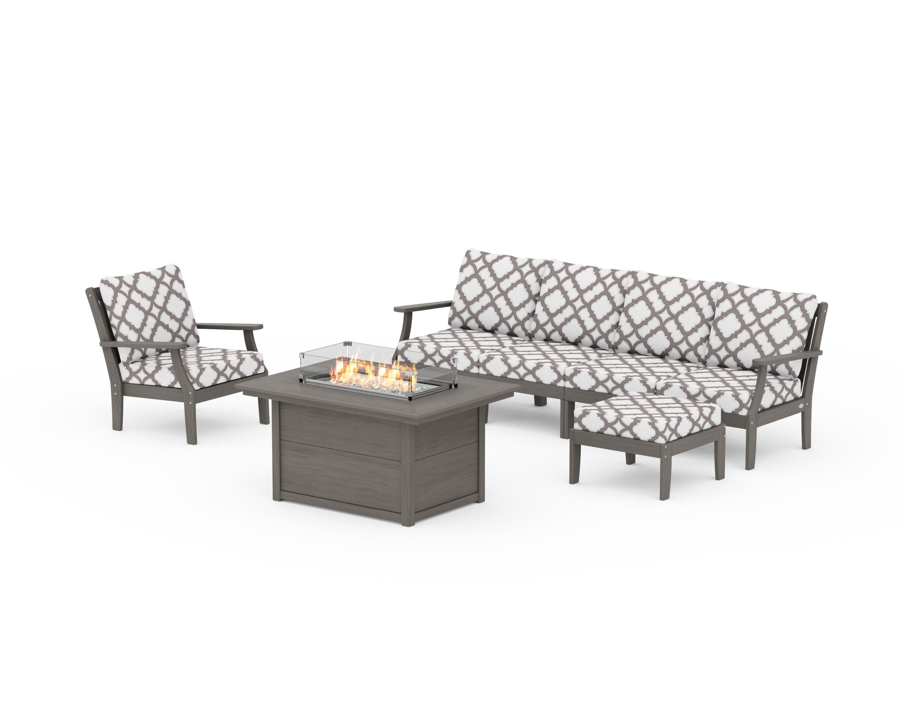 Braxton Sectional Lounge and Fire Pit Set in Driftwood / Trellis Grey Mist
