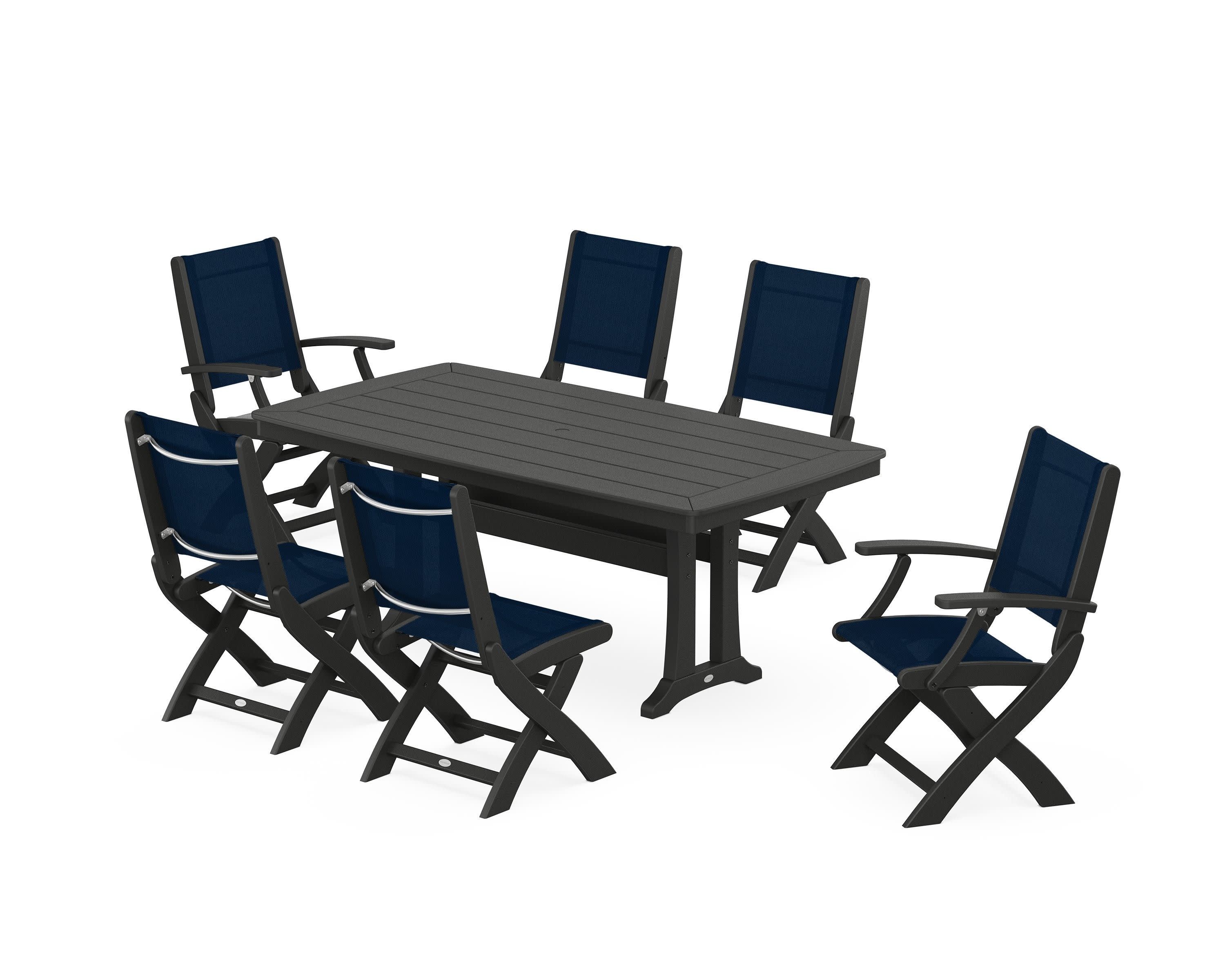 Coastal Folding Chair 7-Piece Dining Set with Trestle Legs in Black / Navy Blue Sling