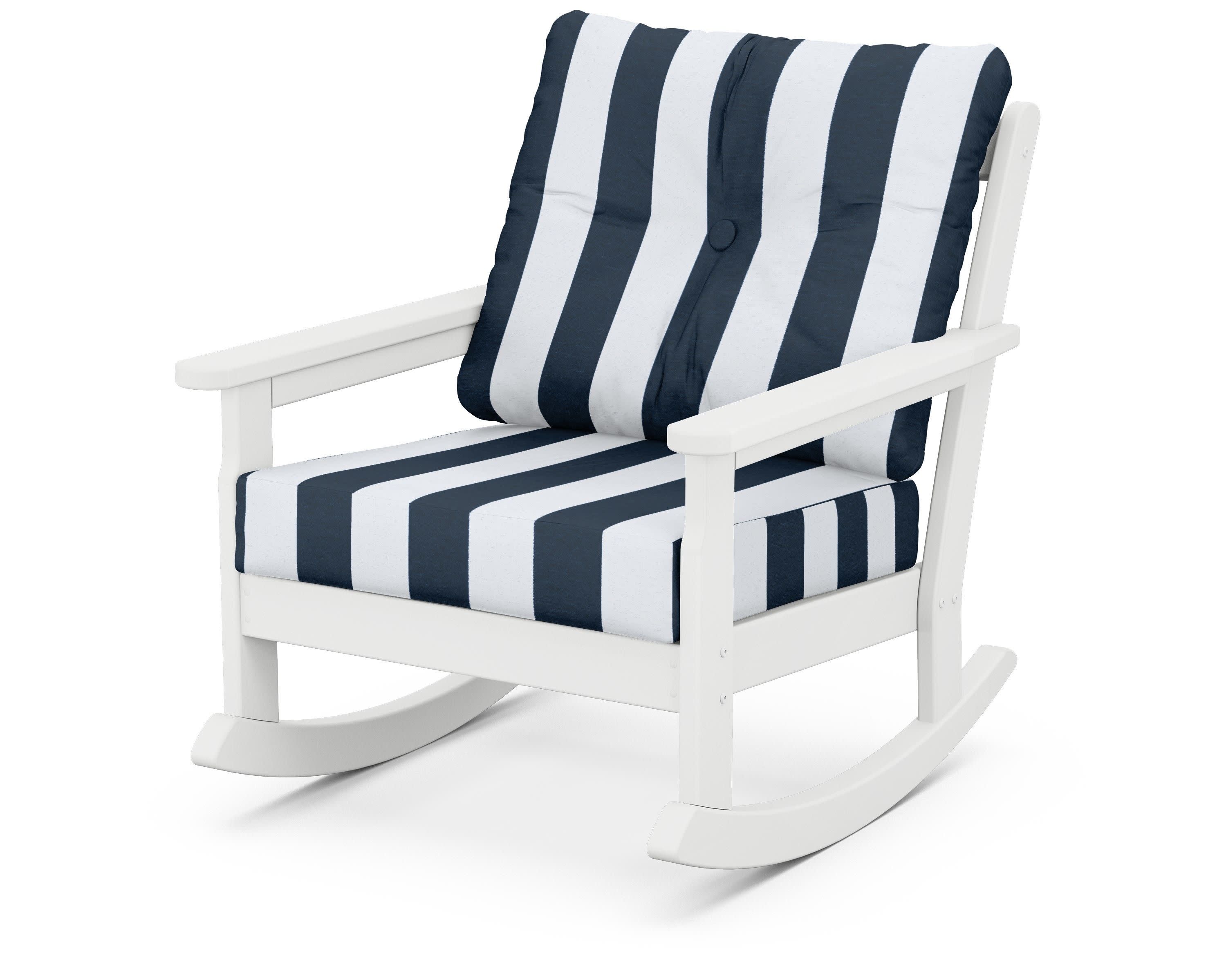 Vineyard Deep Seating Rocking Chair in White / Cabana Stripe Marine Indigo