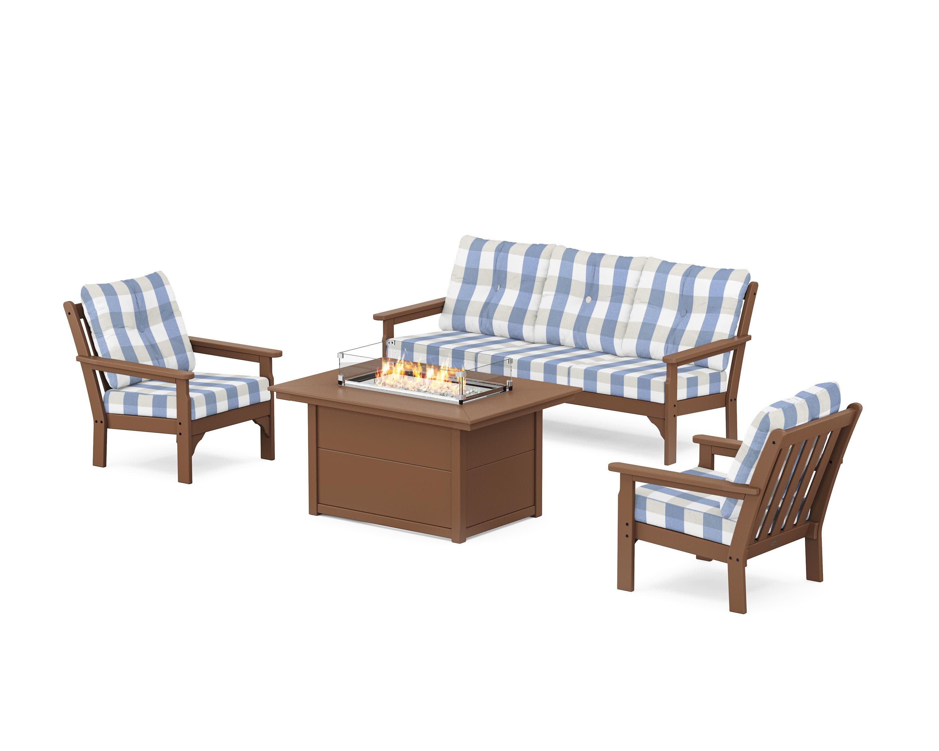 Vineyard Deep Seating Fire Pit Table Set in Teak / Buffalo Plaid Sky Blue