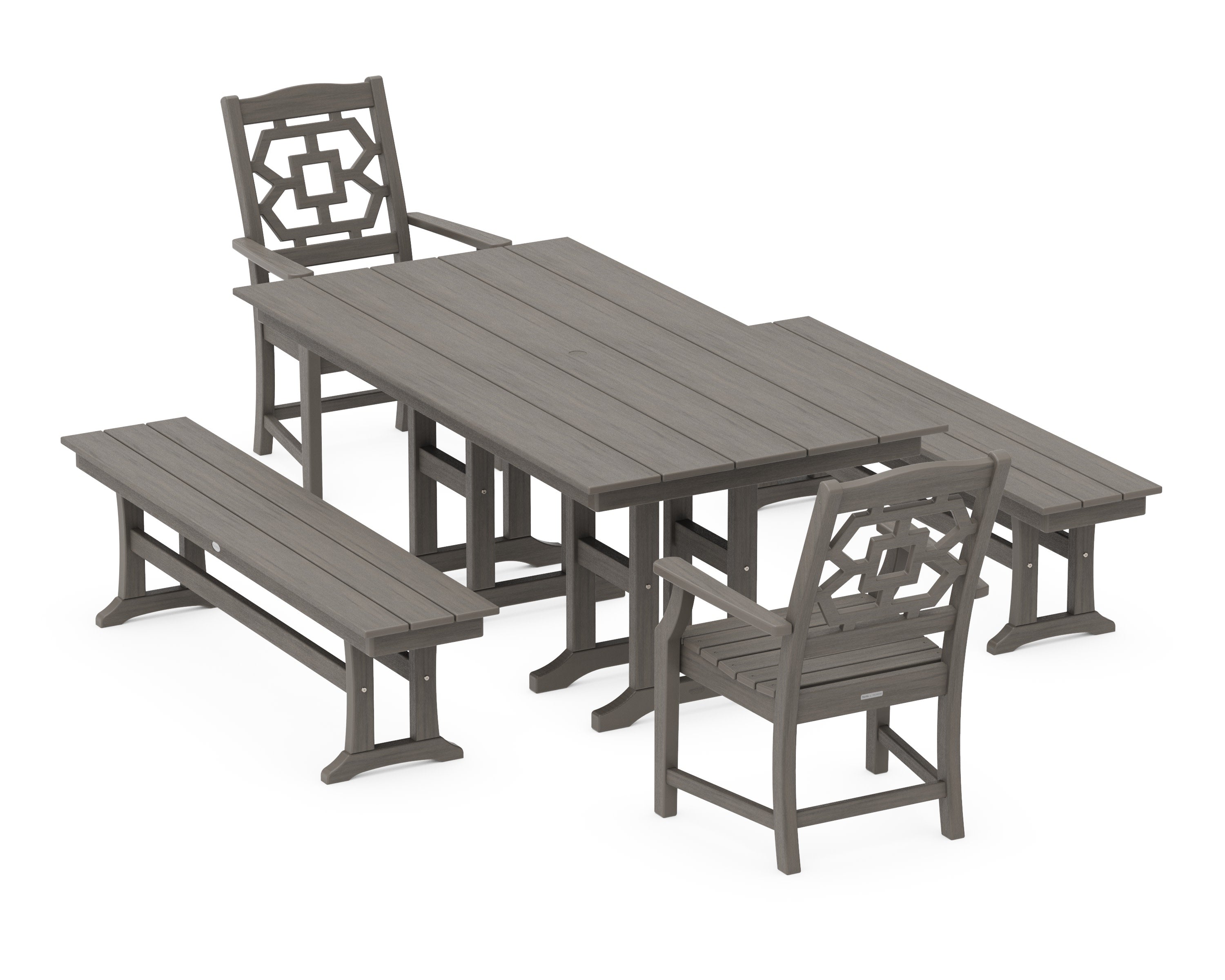 Chinoiserie 5-Piece Farmhouse Dining Set with Benches in Driftwood