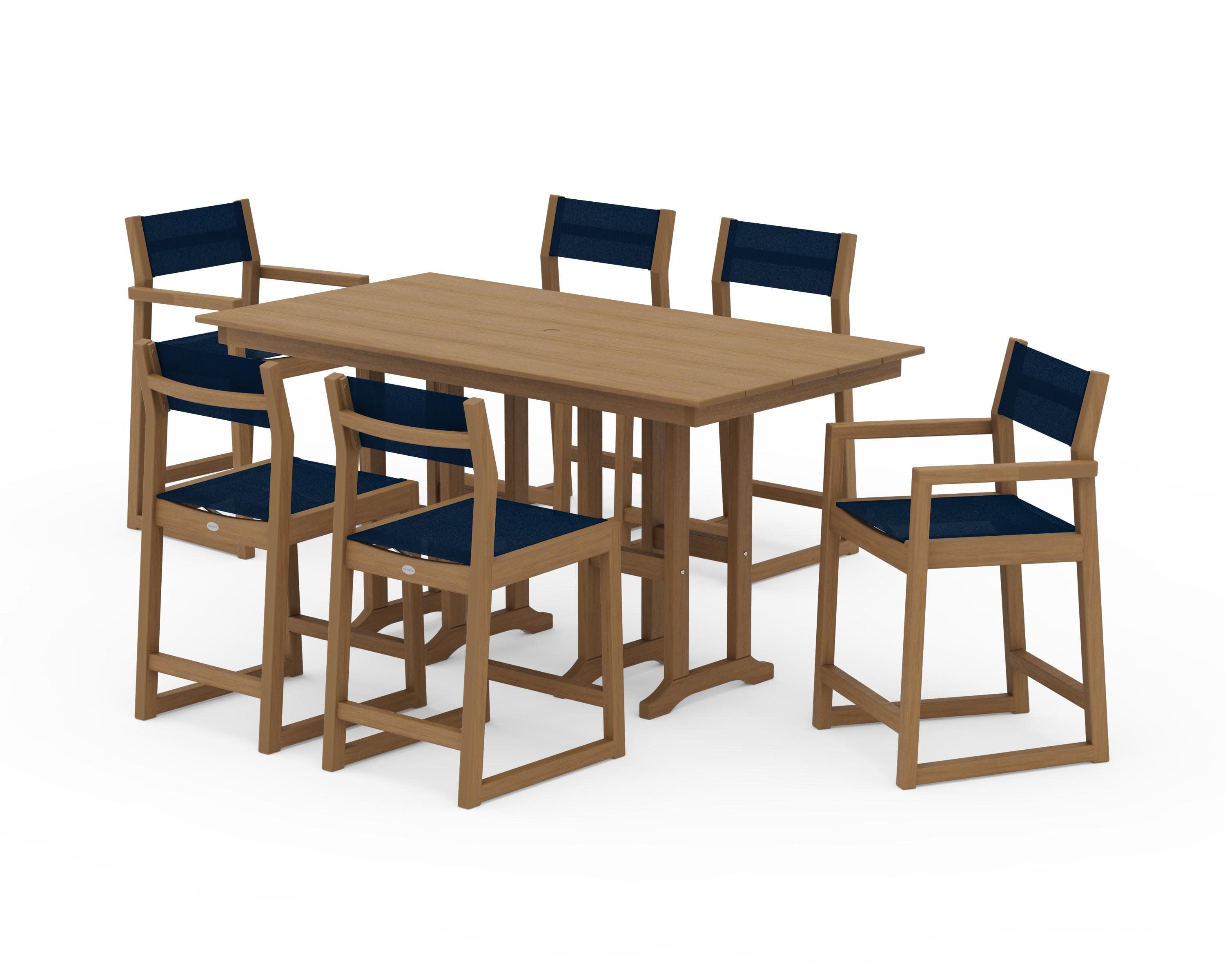 EDGE Sling 7-Piece Farmhouse Counter Set with Trestle Legs in Natural / Navy Blue Sling