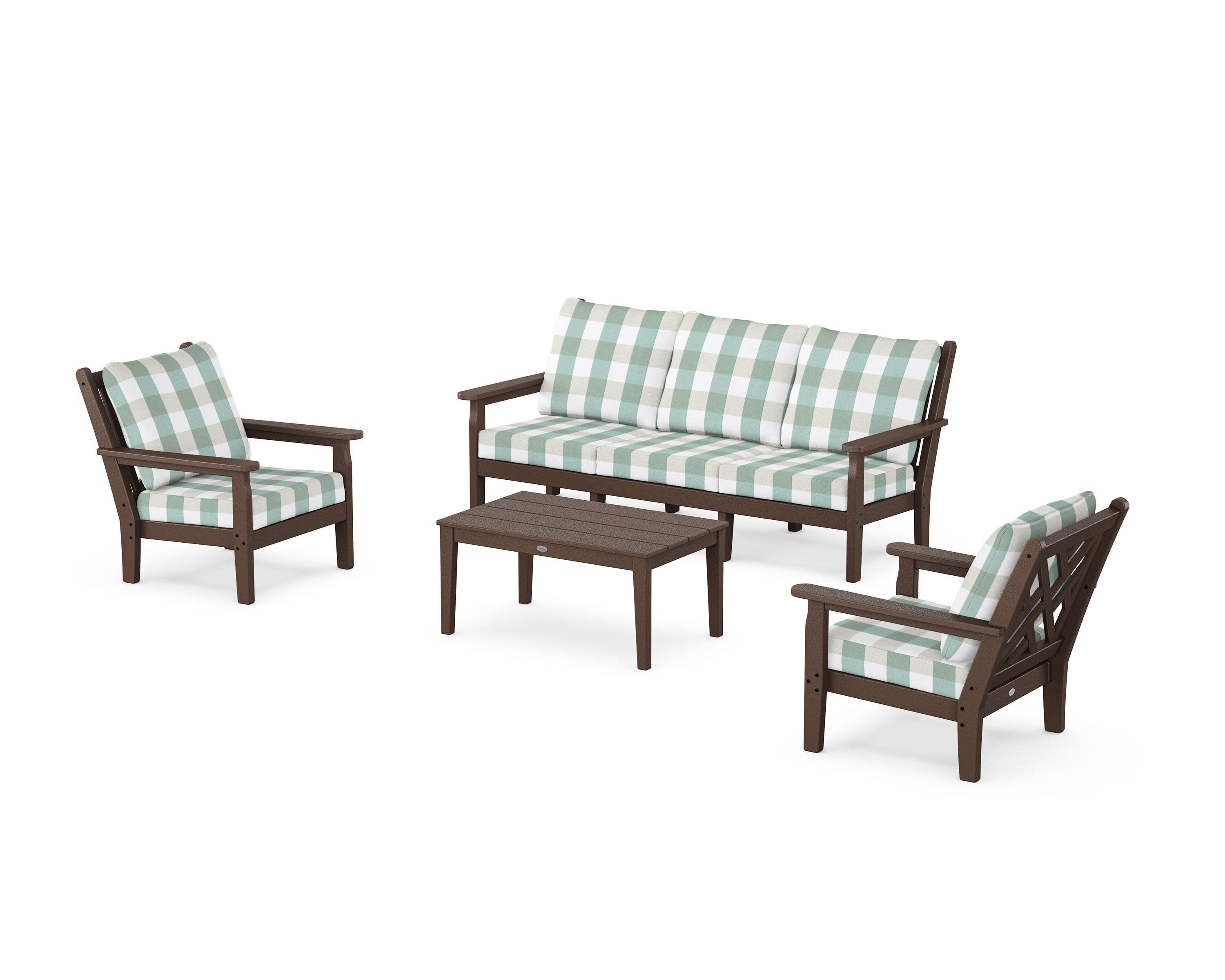 Chippendale 4-Piece Deep Seating Set with Sofa in Mahogany / Buffalo Plaid Glacier Spa