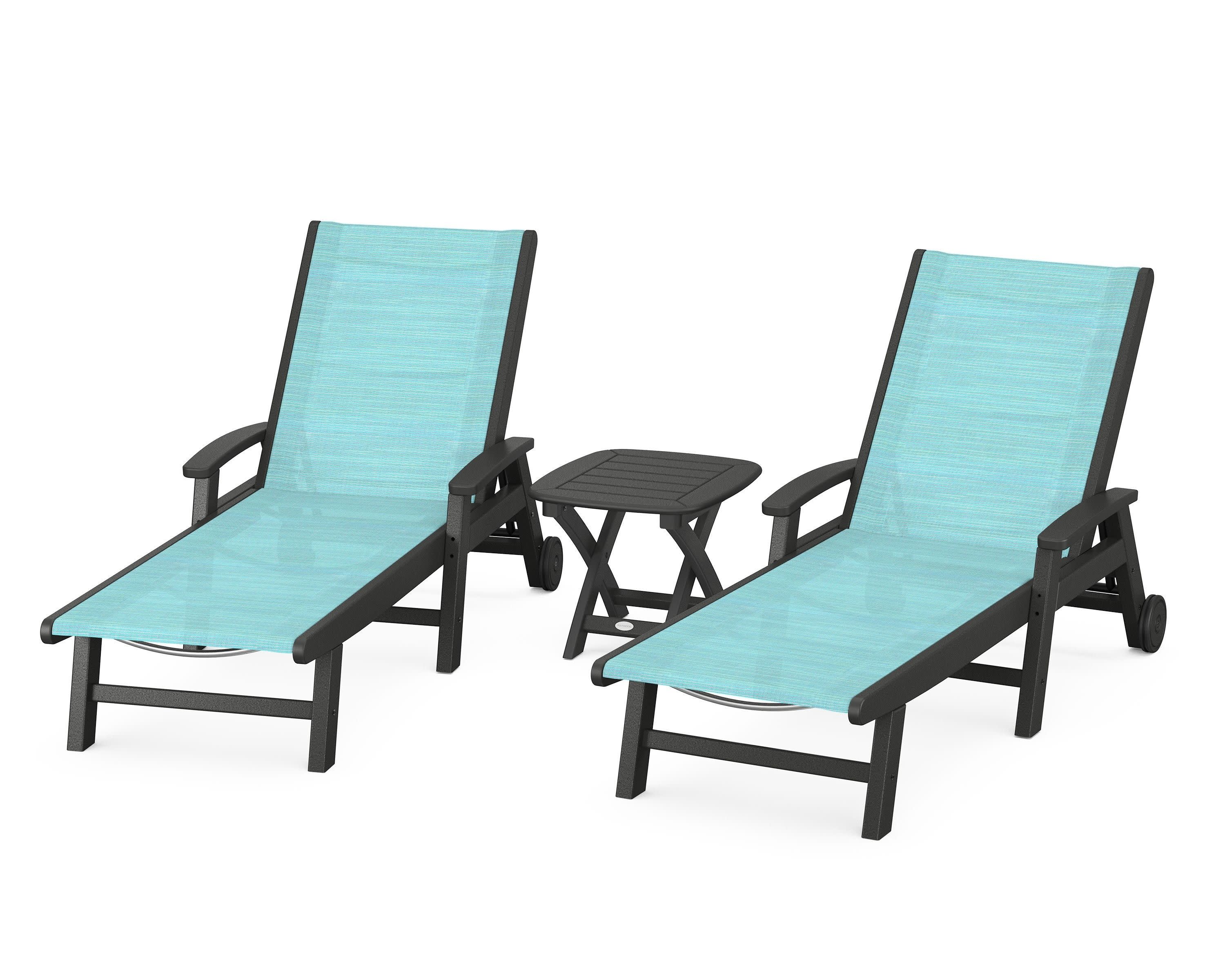 Coastal 3-Piece Wheeled Chaise Set in Black / Dupioni Aquamarine Sling