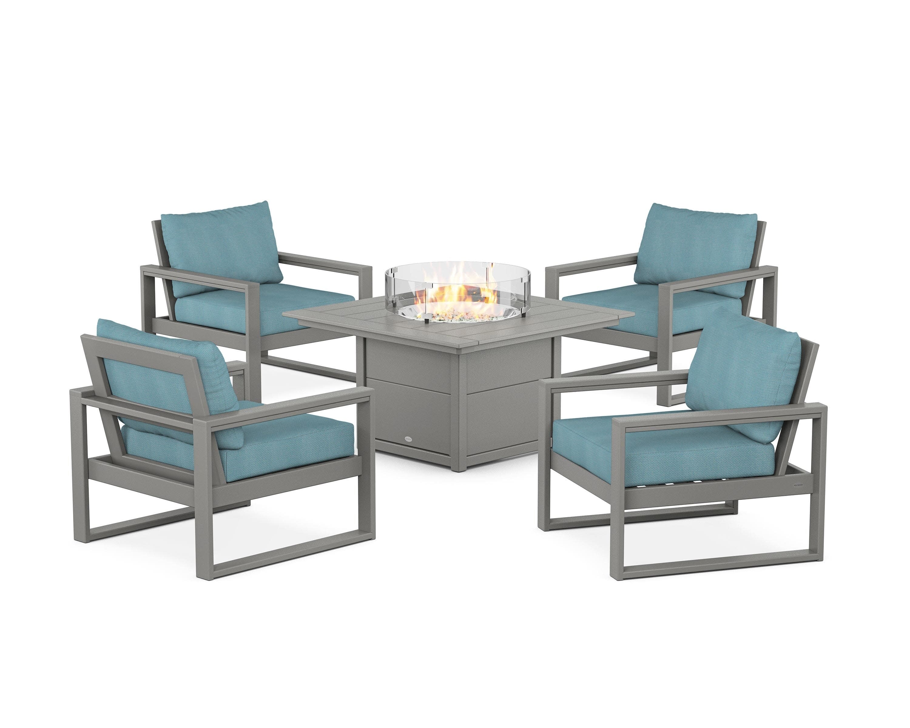 EDGE Sectional 5-Piece Deep Seating Set with Fire Pit Table in Slate Grey / Lattice Sky Blue
