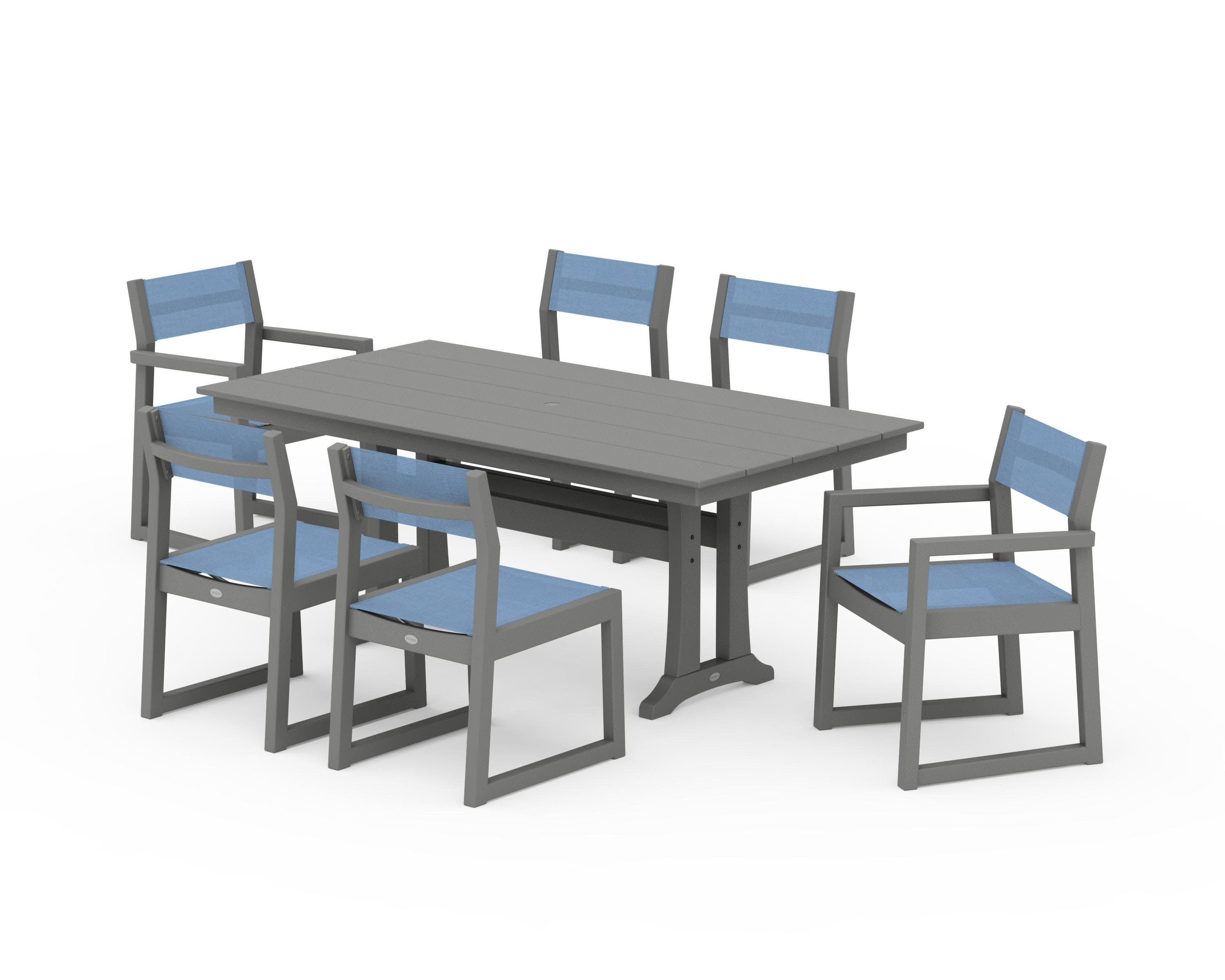 EDGE Sling 7-Piece Farmhouse Trestle Dining Set in Slate Grey / Poolside Sling