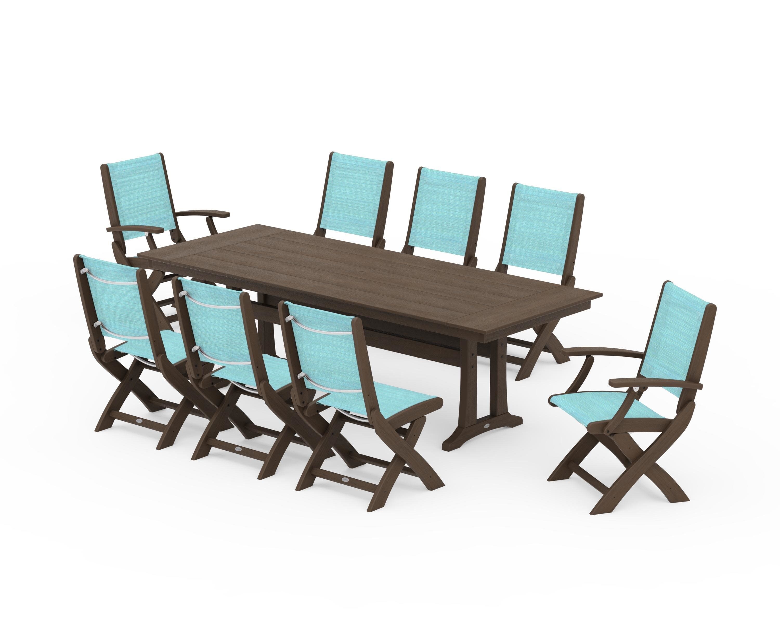 Coastal 9-Piece Folding Dining Chair Farmhouse Dining Set with Trestle Legs in Kona / Dupioni Aquamarine Sling