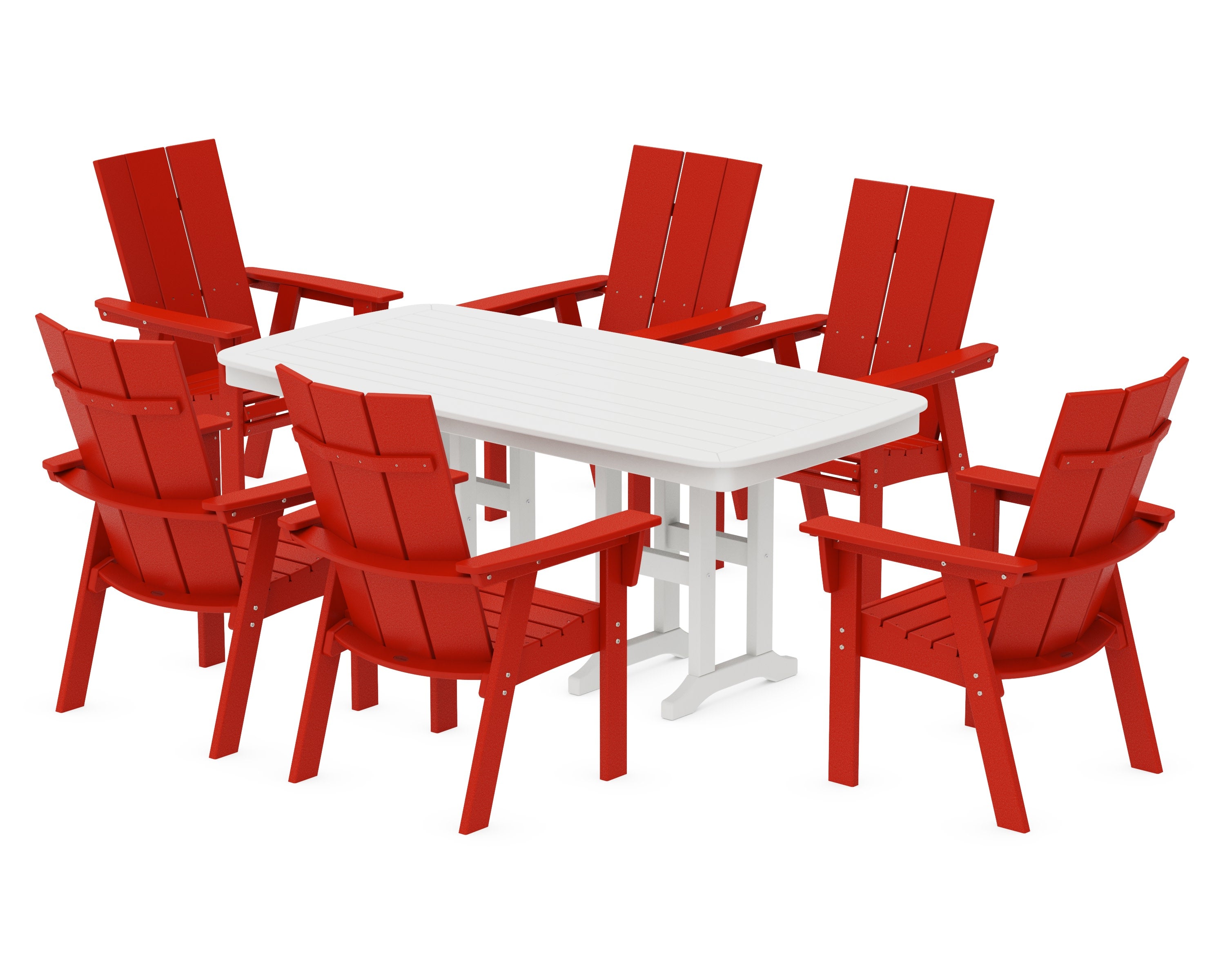 Modern Curveback Adirondack 7-Piece Dining Set in Sunset Red / White