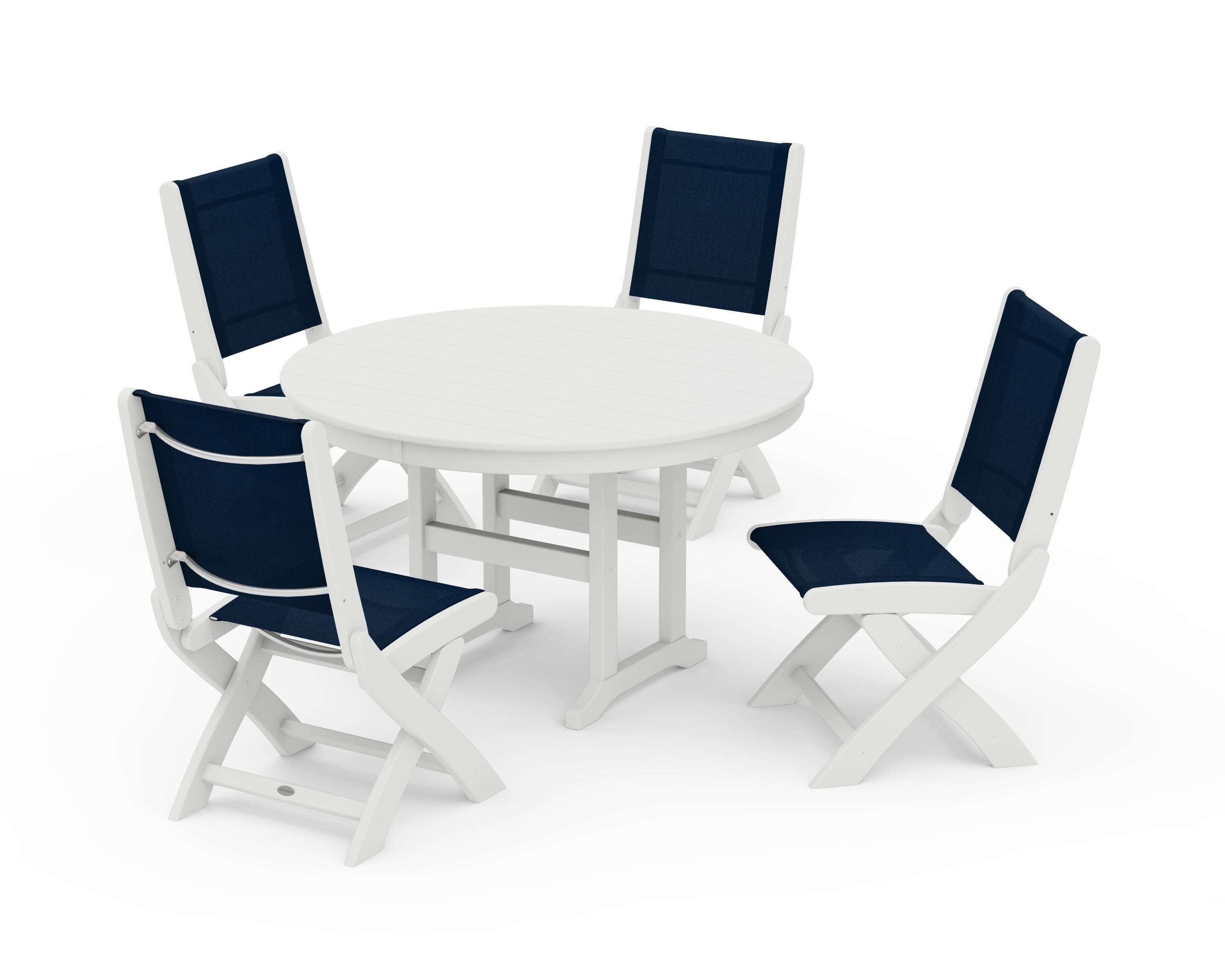 Coastal Folding Side Chair 5-Piece Round Dining Set in Vintage White / Navy Blue Sling