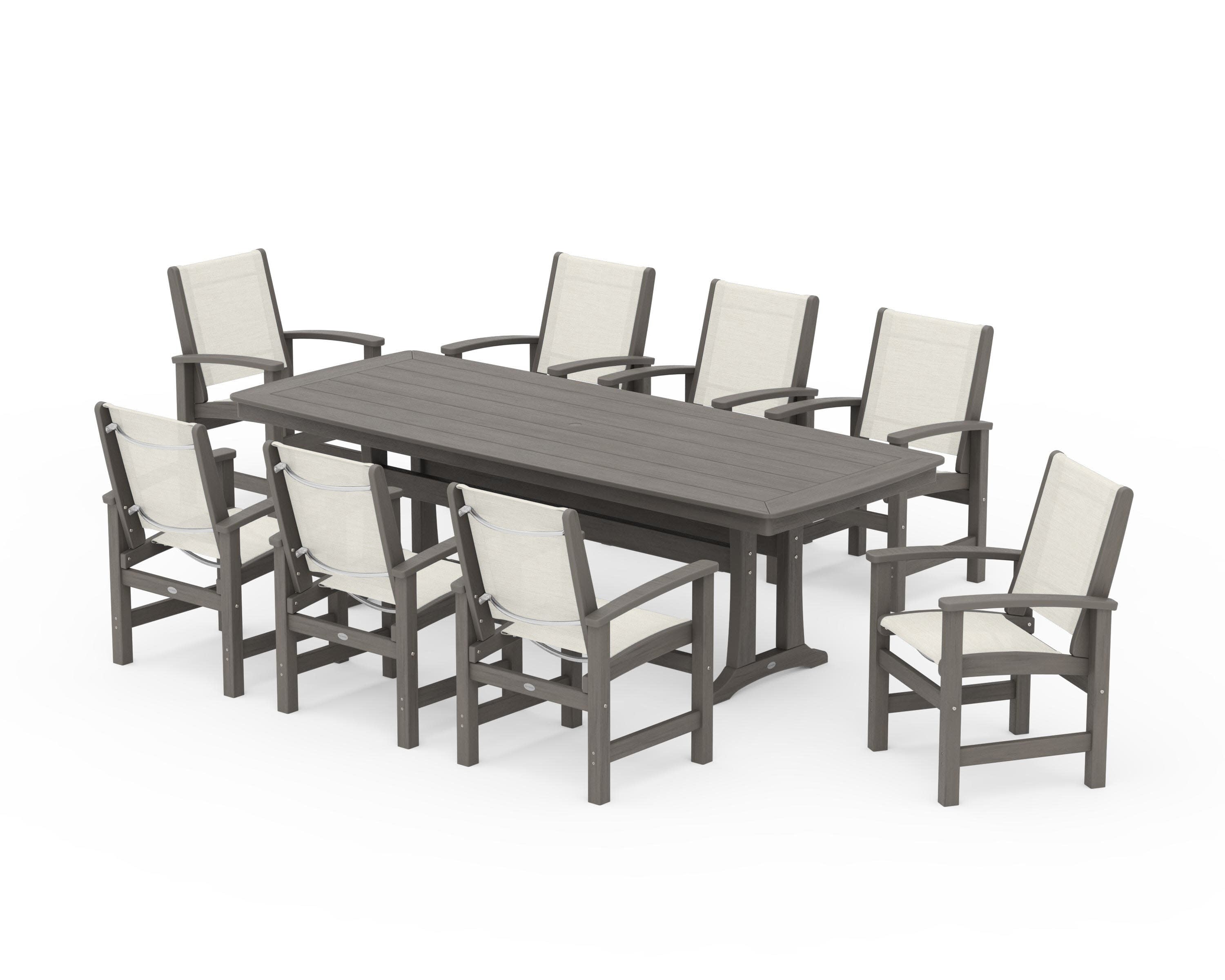 Coastal 9-Piece Dining Set with Trestle Legs in Driftwood / Parchment Sling