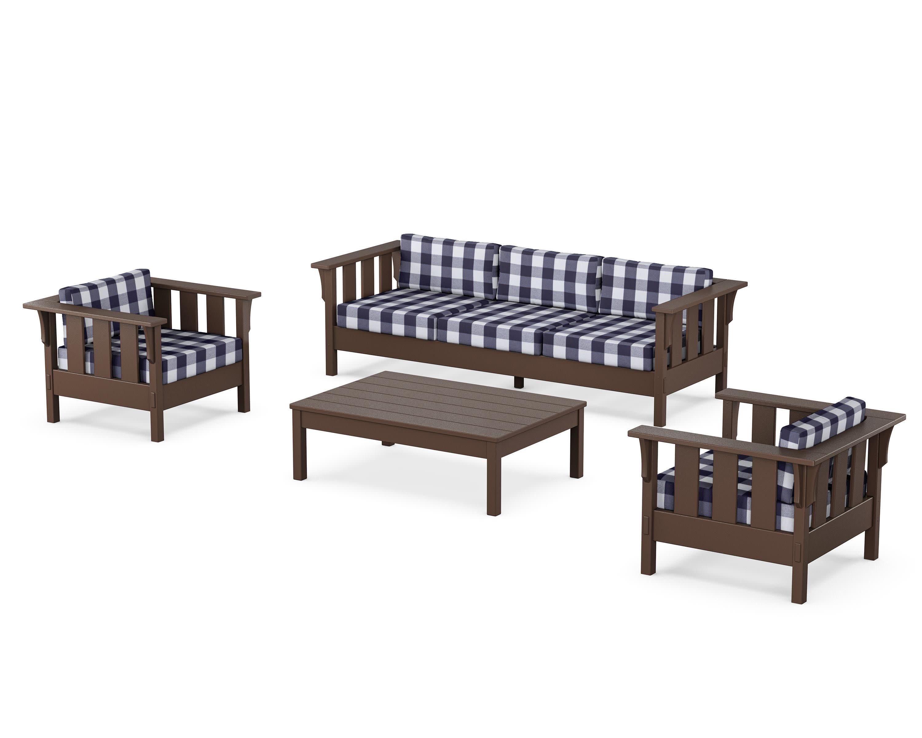 Acadia 4-Piece Deep Seating Set with Sofa in Mahogany / Buffalo Plaid Navy