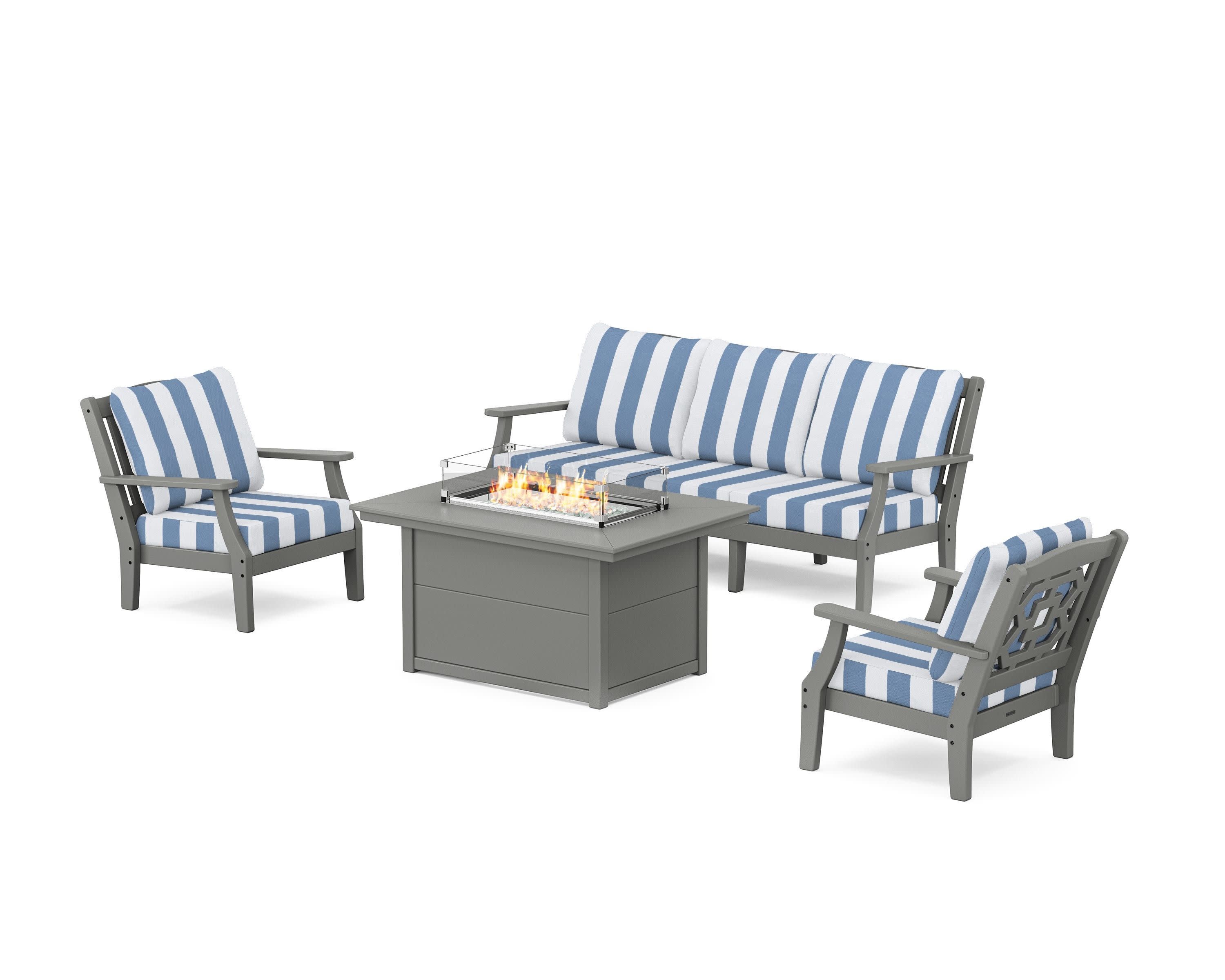 Chinoiserie Deep Seating Fire Pit Table Set in Slate Grey / Cabana Stripe Sky Blue