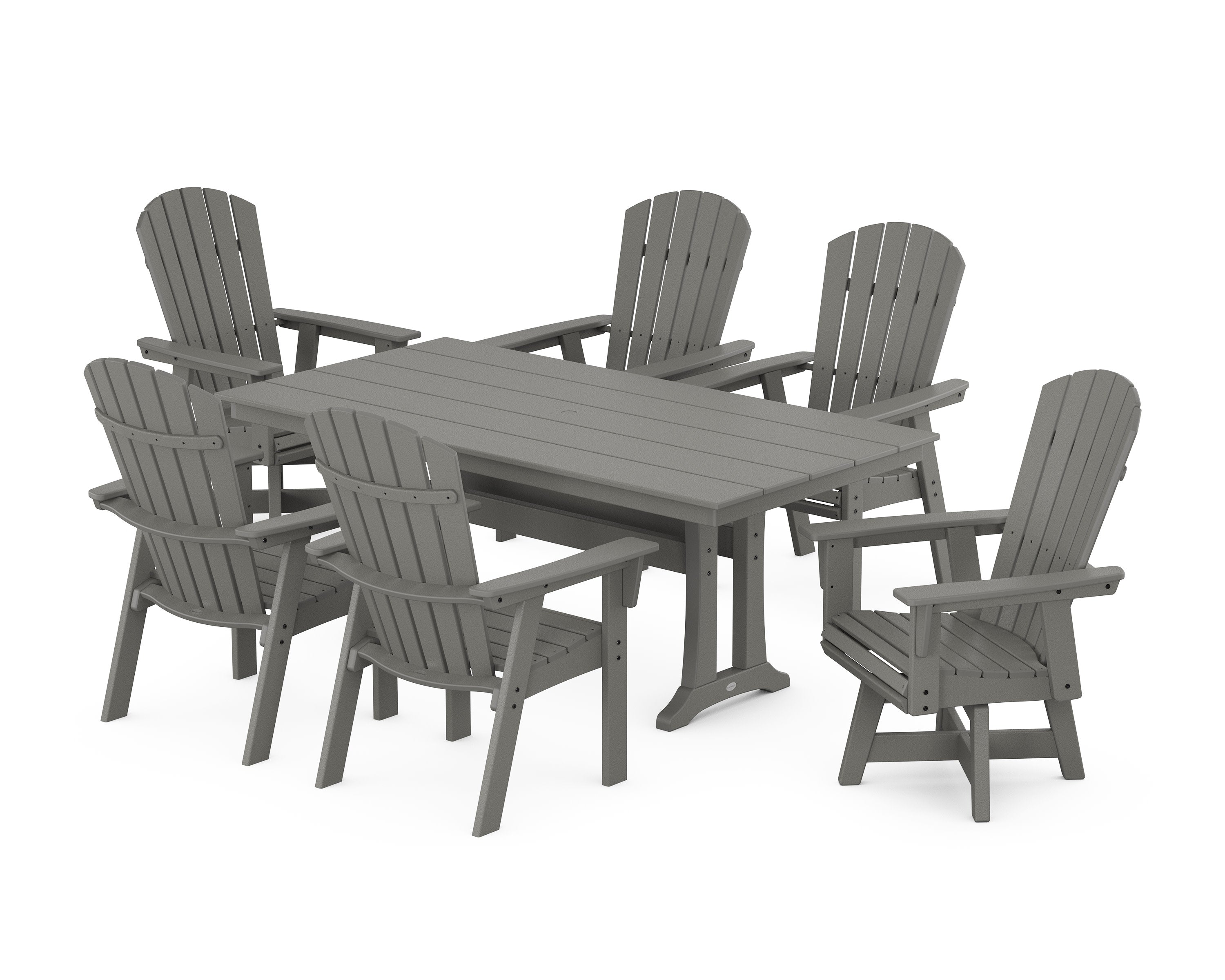 Nautical Curveback Adirondack Swivel Chair 7-Piece Farmhouse Dining Set With Trestle Legs in Slate Grey
