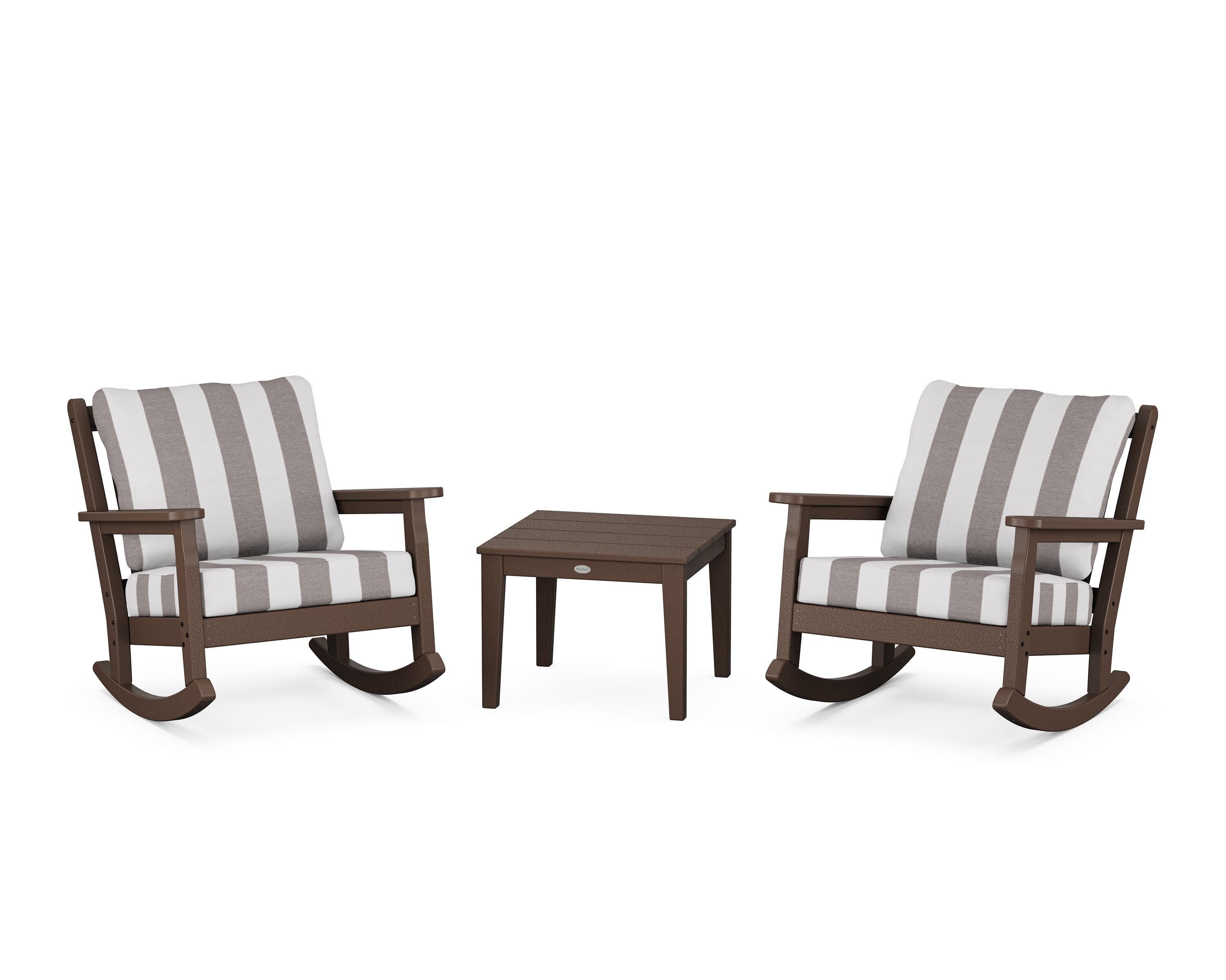 Chippendale 3-Piece Deep Seating Rocker Set in Mahogany / Cabana Stripe Grey Mist