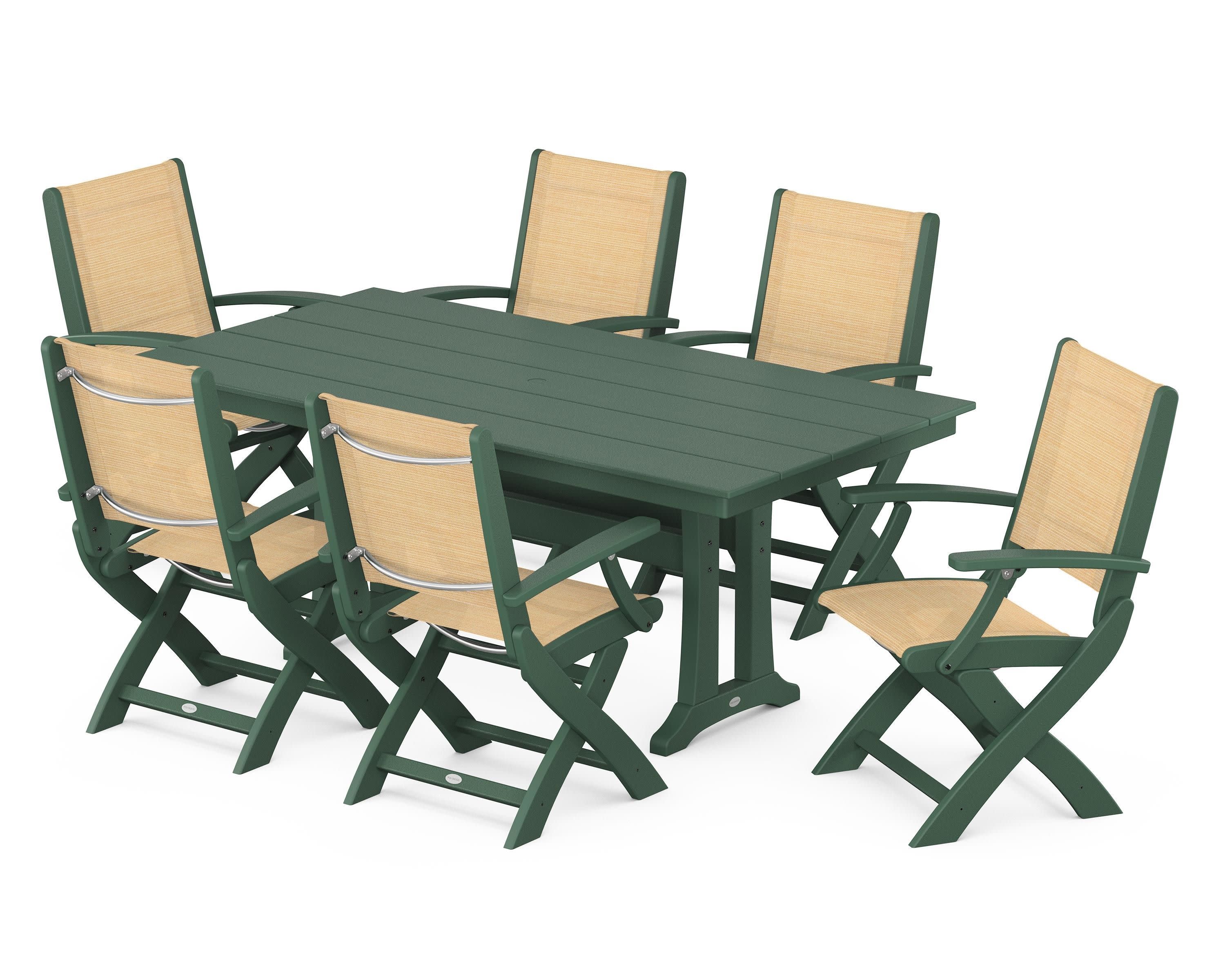 Coastal Folding Arm Chair 7-Piece Farmhouse Dining Set with Trestle Legs in Green / Dupioni Apricot Sling