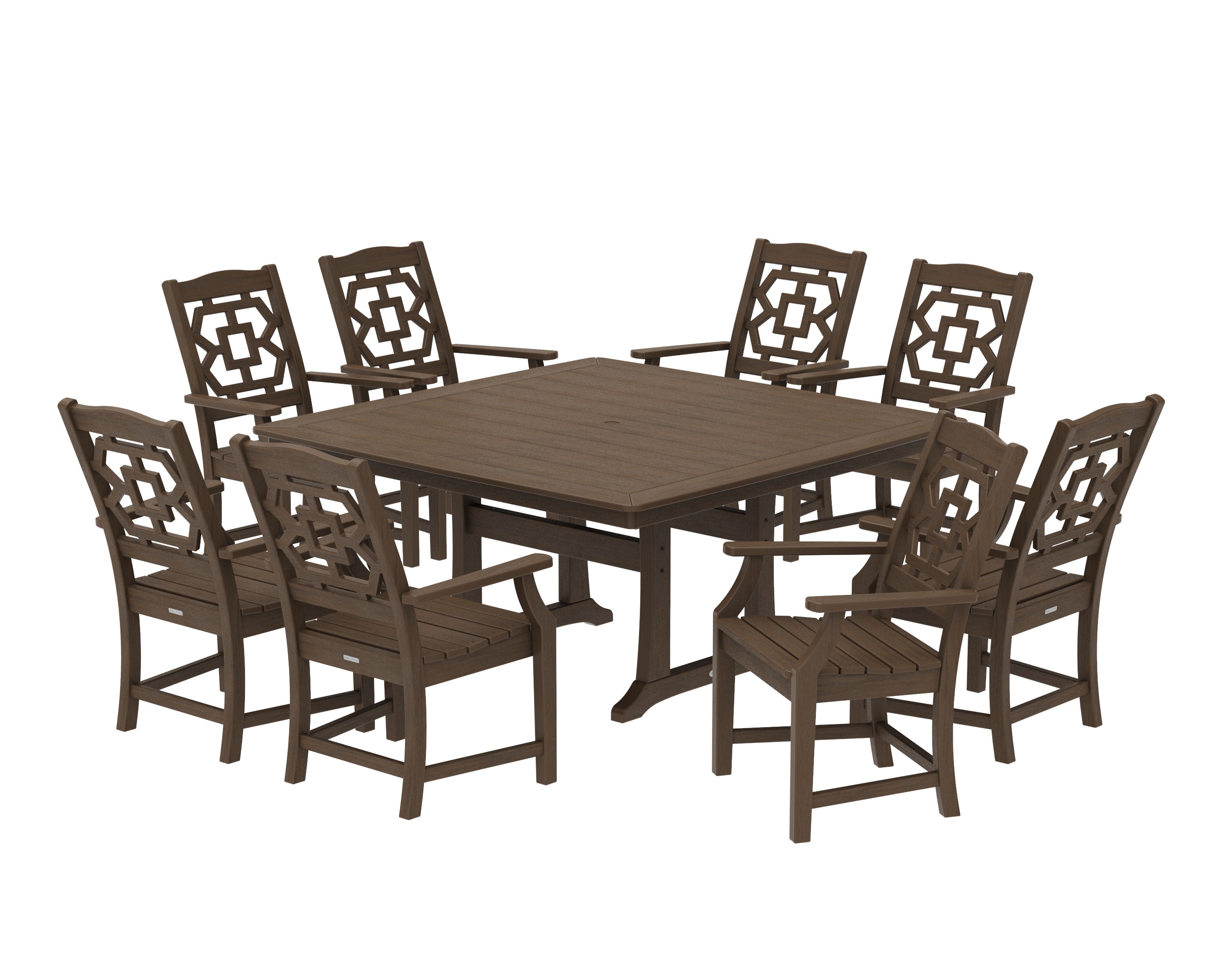Chinoiserie 9-Piece Square Dining Set with Trestle Legs in Kona