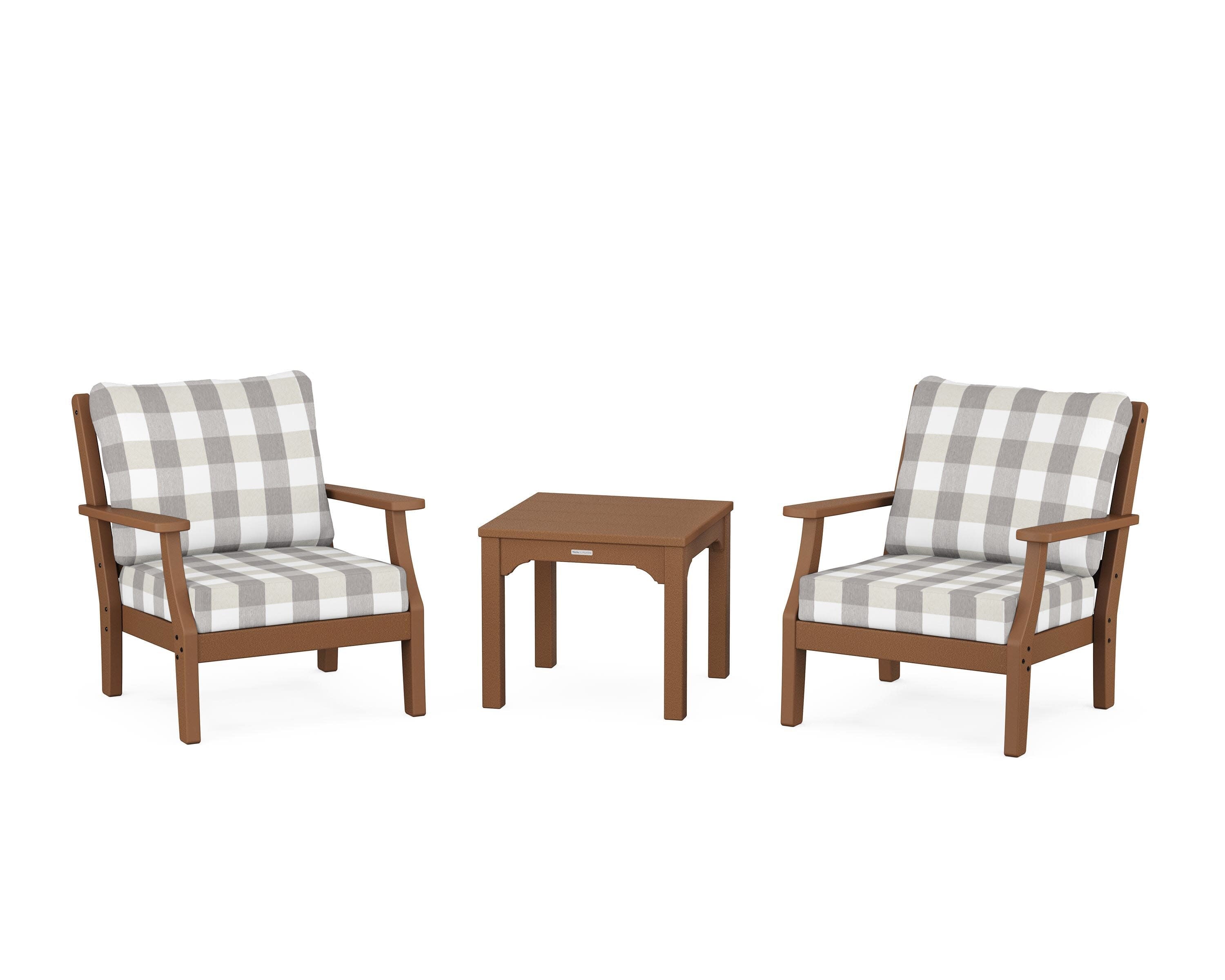 Chinoiserie 3-Piece Deep Seating Set in Teak / Buffalo Plaid Grey Mist