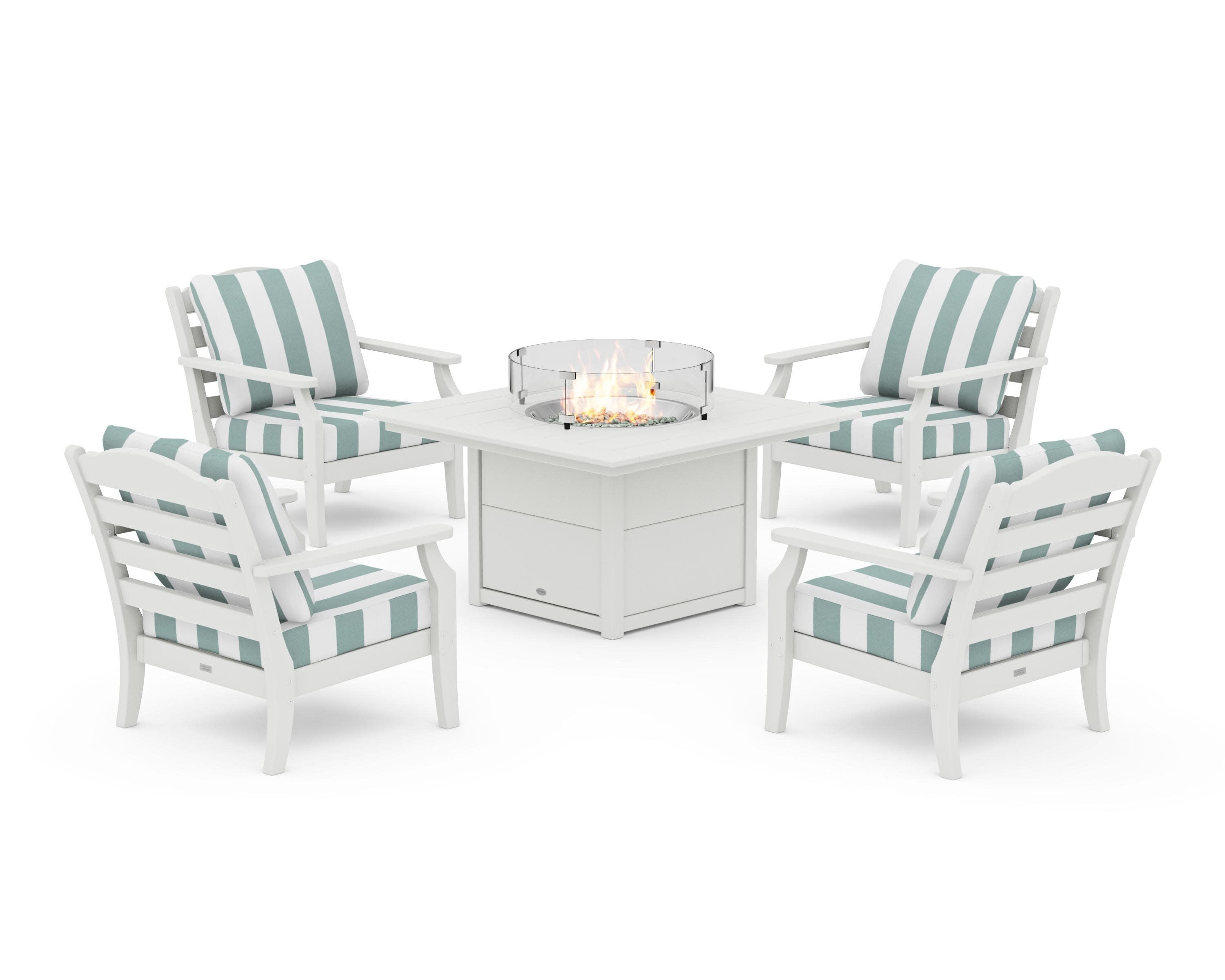 Savannah 5-Piece Deep Seating Set with Fire Pit Table in Vintage White / Cabana Stripe Glacier Spa