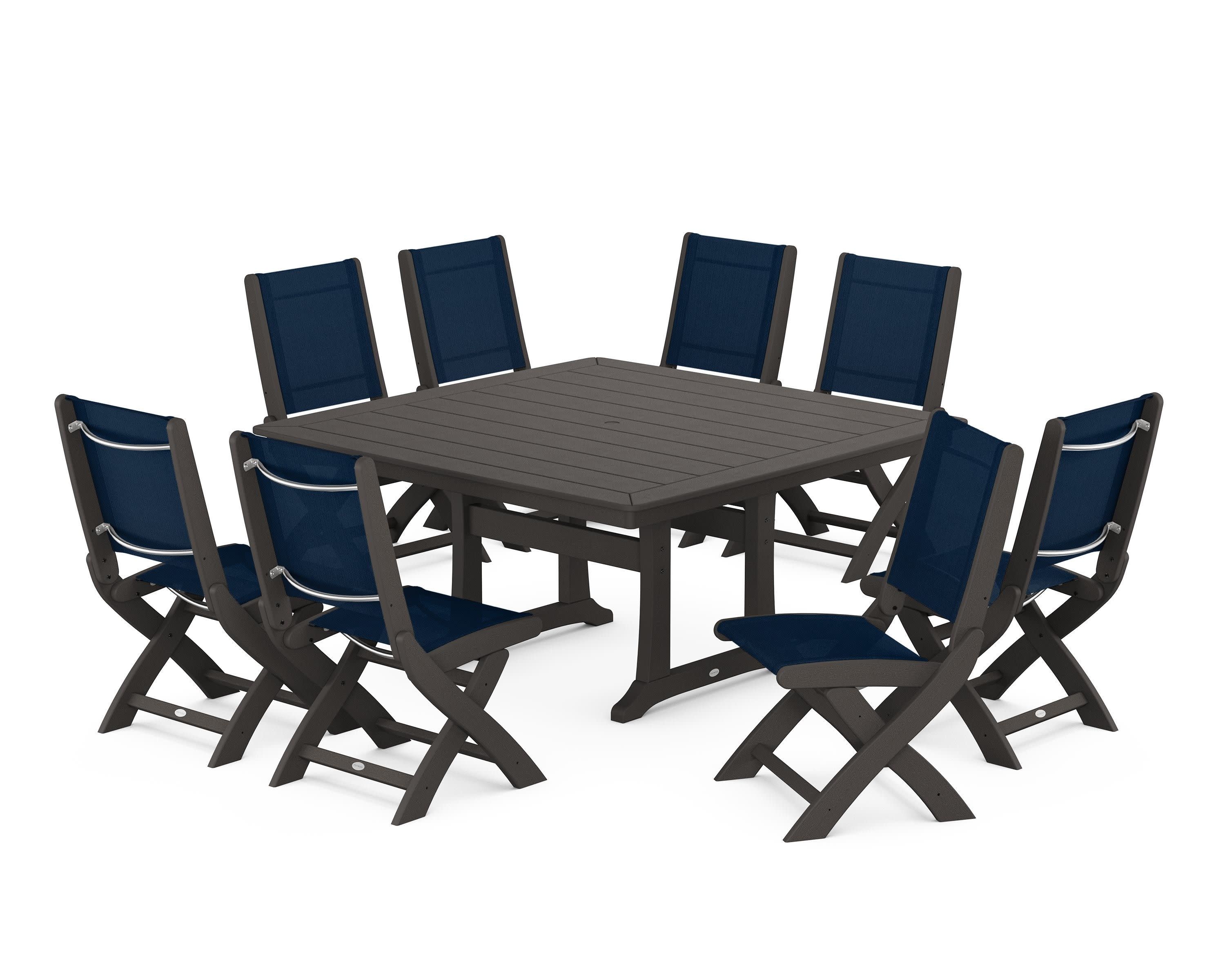 Coastal Folding Side Chair 9-Piece Dining Set with Trestle Legs in Vintage Coffee / Navy Blue Sling