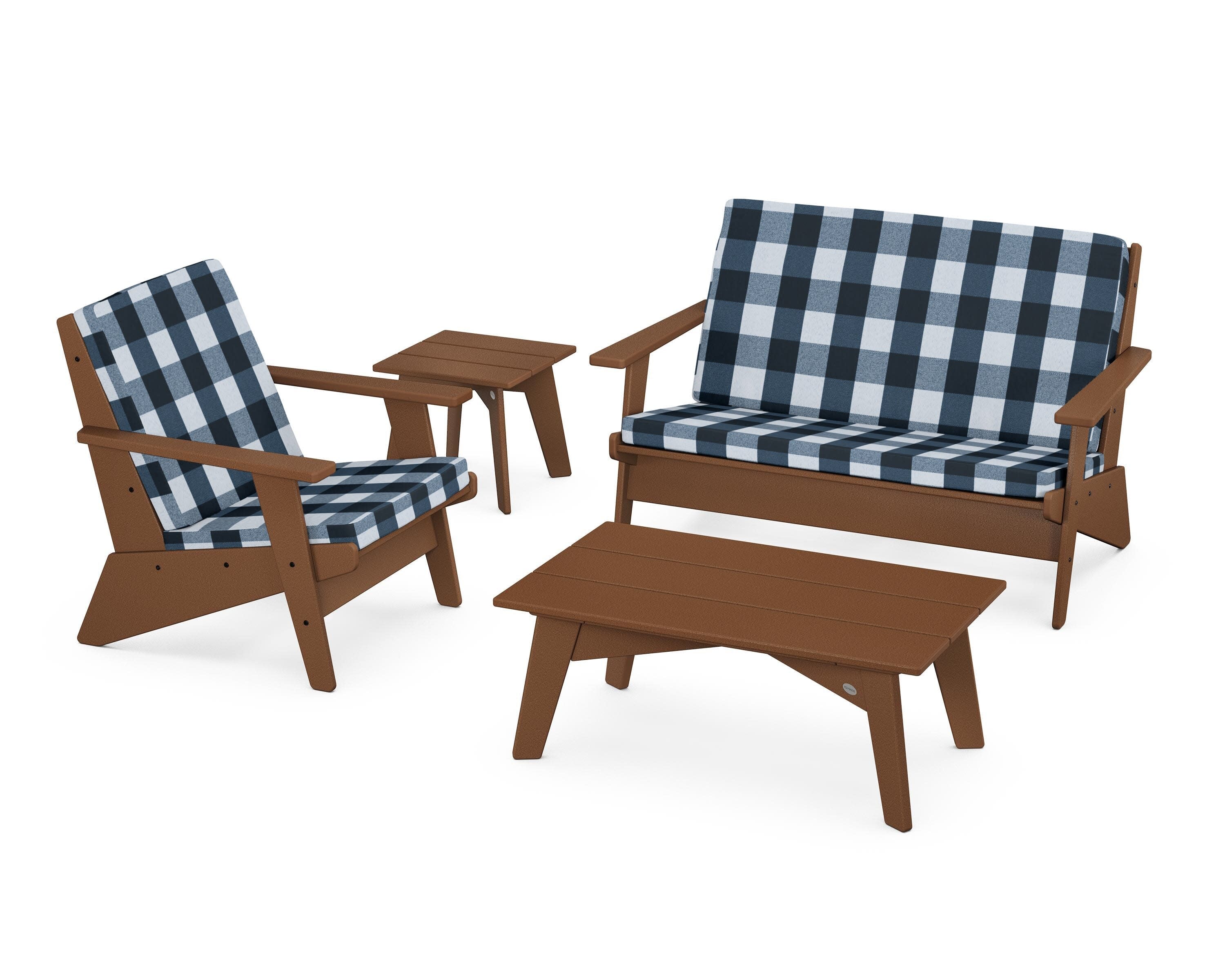 Riviera Modern Lounge 4-Piece Set in Teak / Buffalo Plaid Marine Indigo