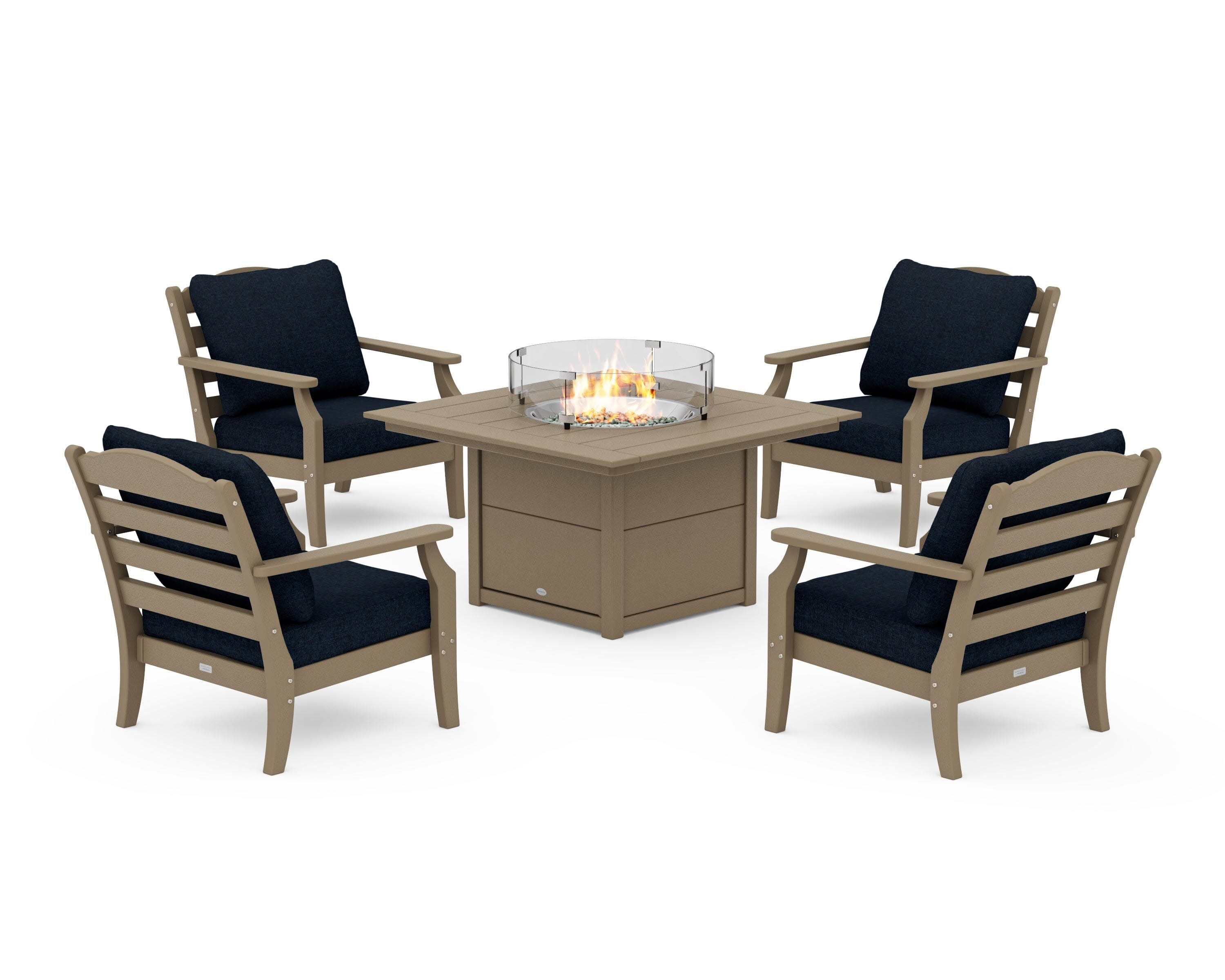 Savannah 5-Piece Deep Seating Set with Fire Pit Table in Vintage Sahara / Marine Indigo
