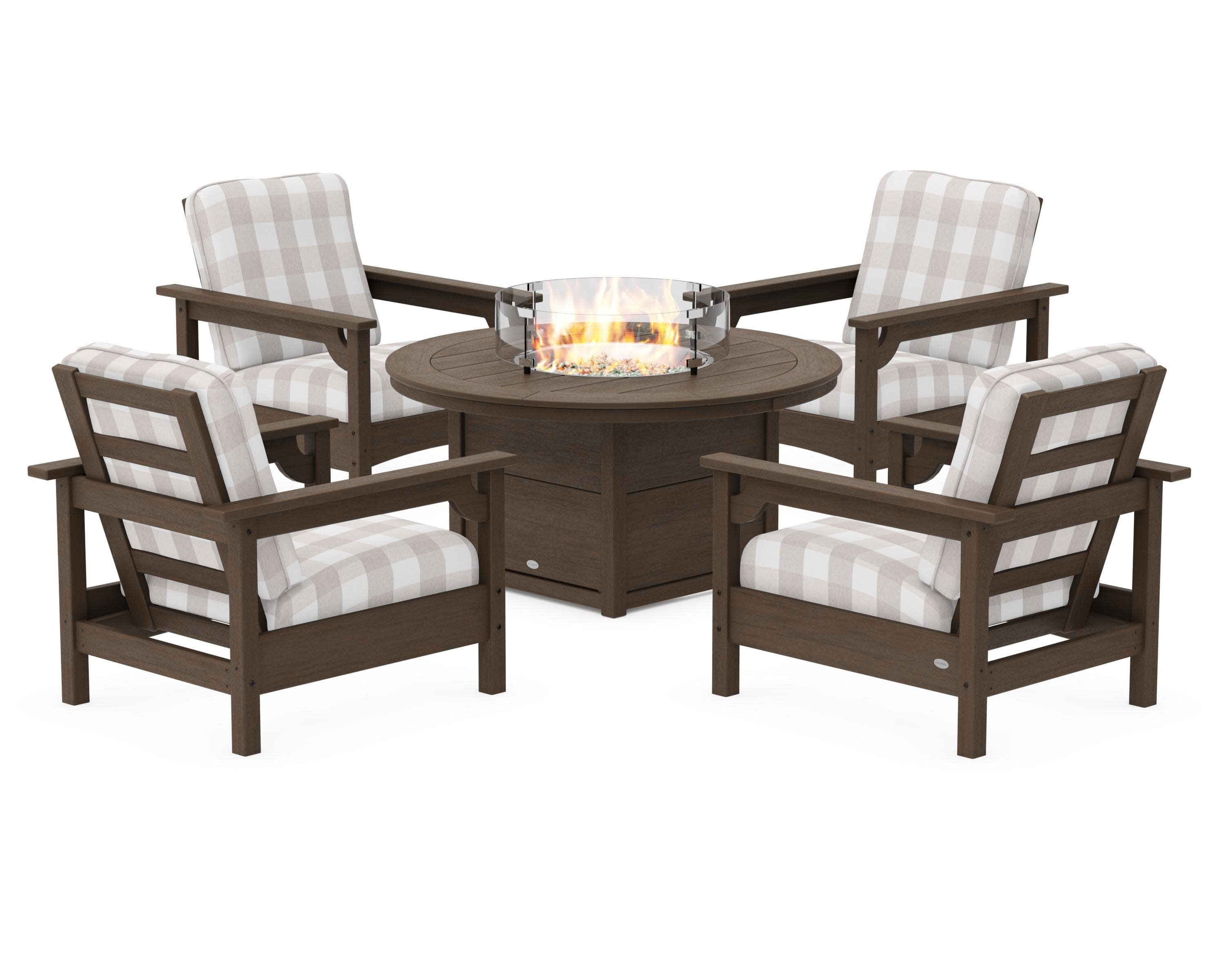 Club 5-Piece Conversation Set with Fire Pit Table in Kona / Buffalo Plaid Dune Burlap