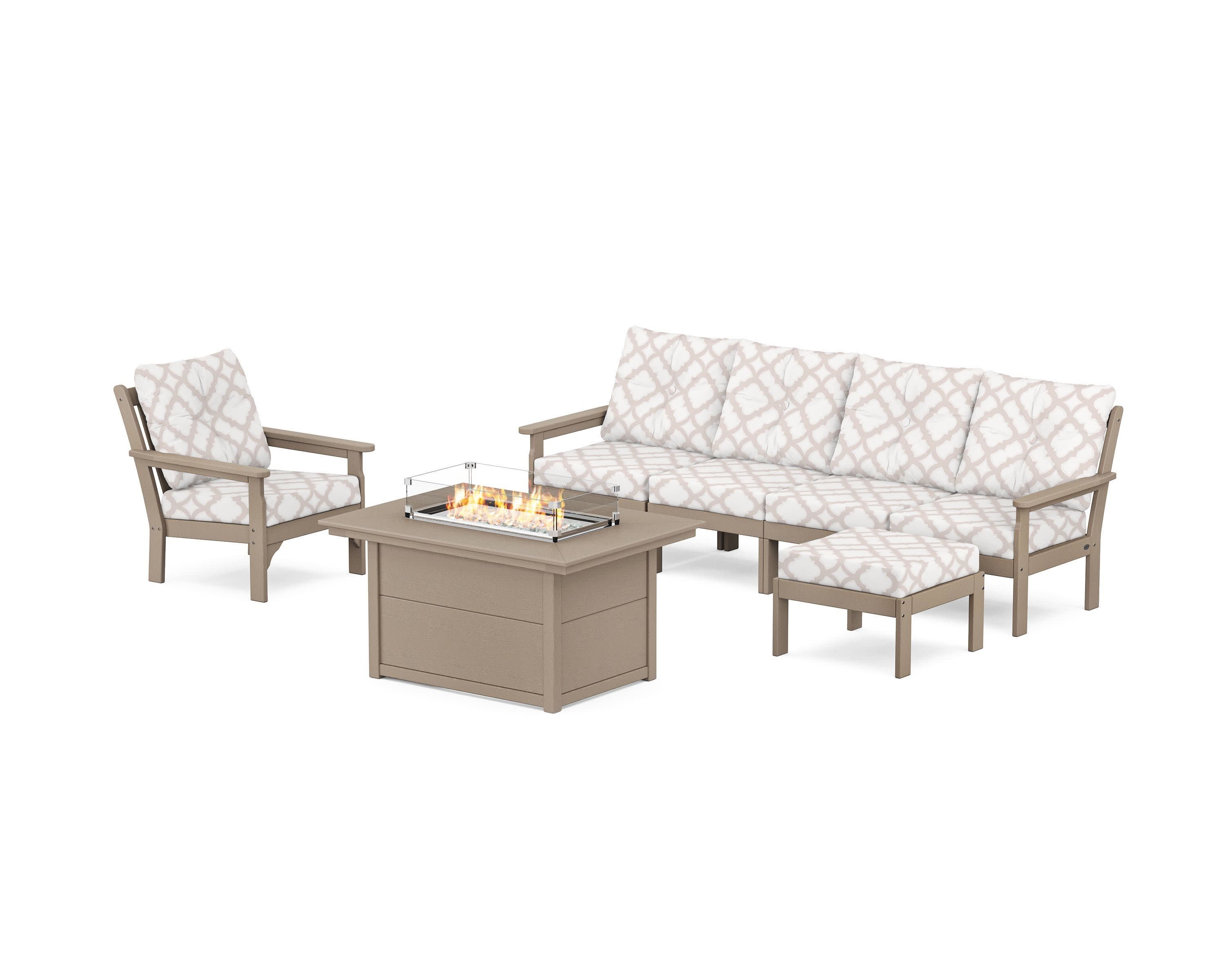 Vineyard Sectional Lounge and Fire Pit Set in Vintage Sahara / Trellis Dune Burlap